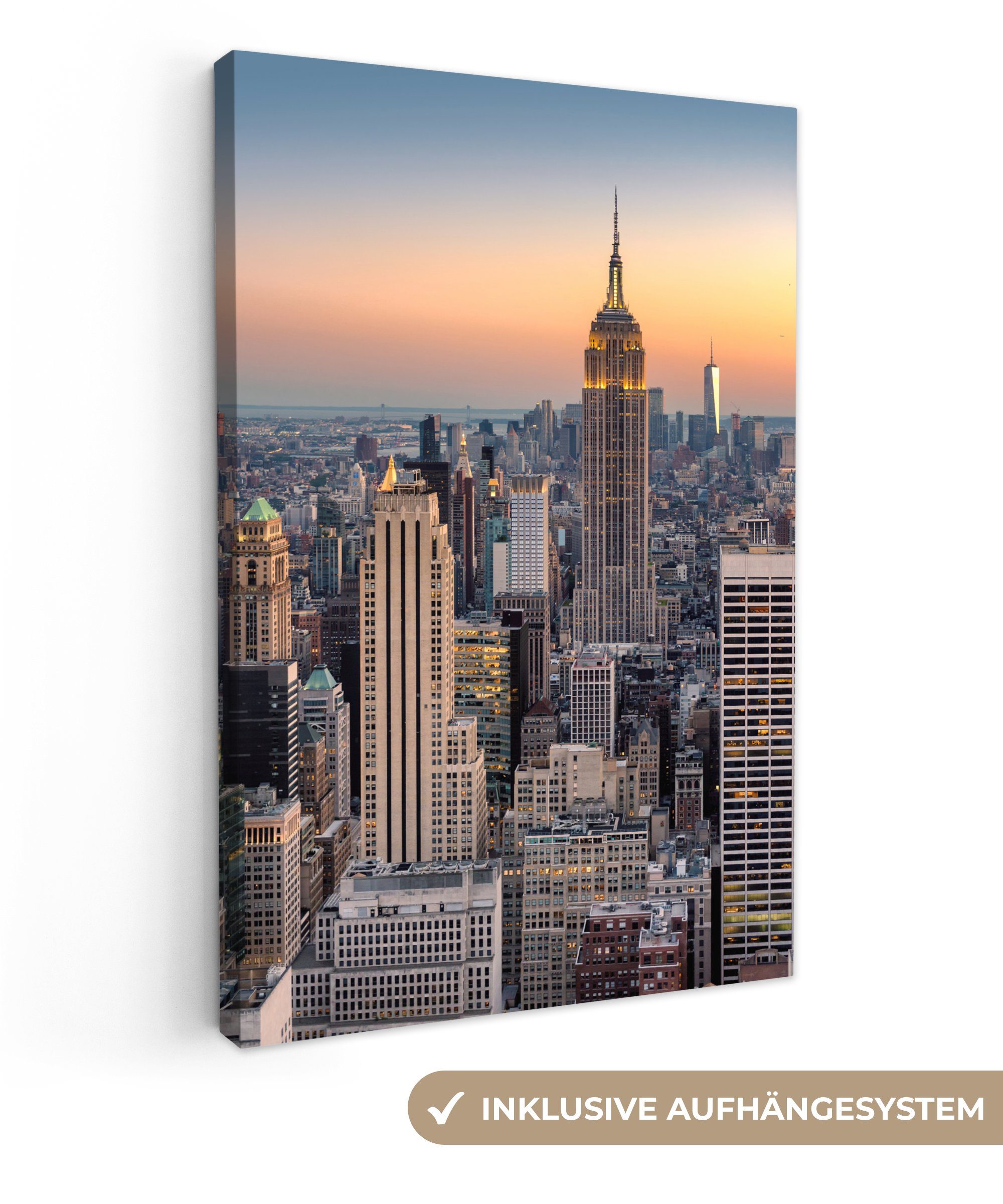 OneMillionCanvasses® Leinwandbild bespannt Skyline, Gemälde, 20x30 Leinwandbild cm New inkl. St), Zackenaufhänger, - fertig York - (1 Sonne