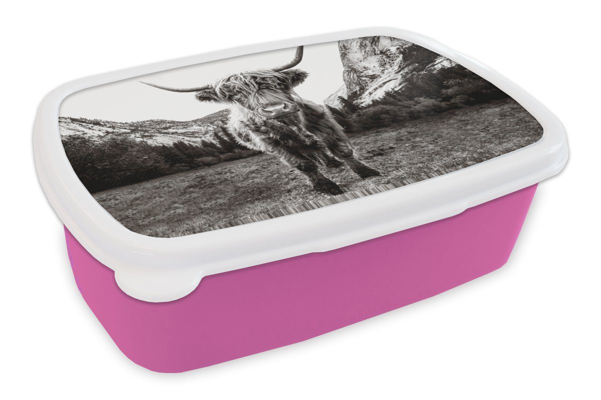 MuchoWow Lunchbox Berg - Schwarz rosa für Kunststoff, - - Brotbox Mädchen, Brotdose Kinder, Erwachsene, Highlander, Weiß Schottischer (2-tlg), Snackbox, Kunststoff