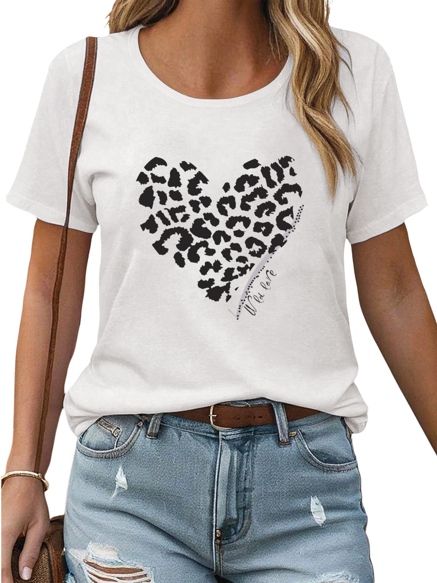 PYL Short Sleeve Blouse Women Summer Casual Short Sleeve Blouse Leopard Heart Print Shirt