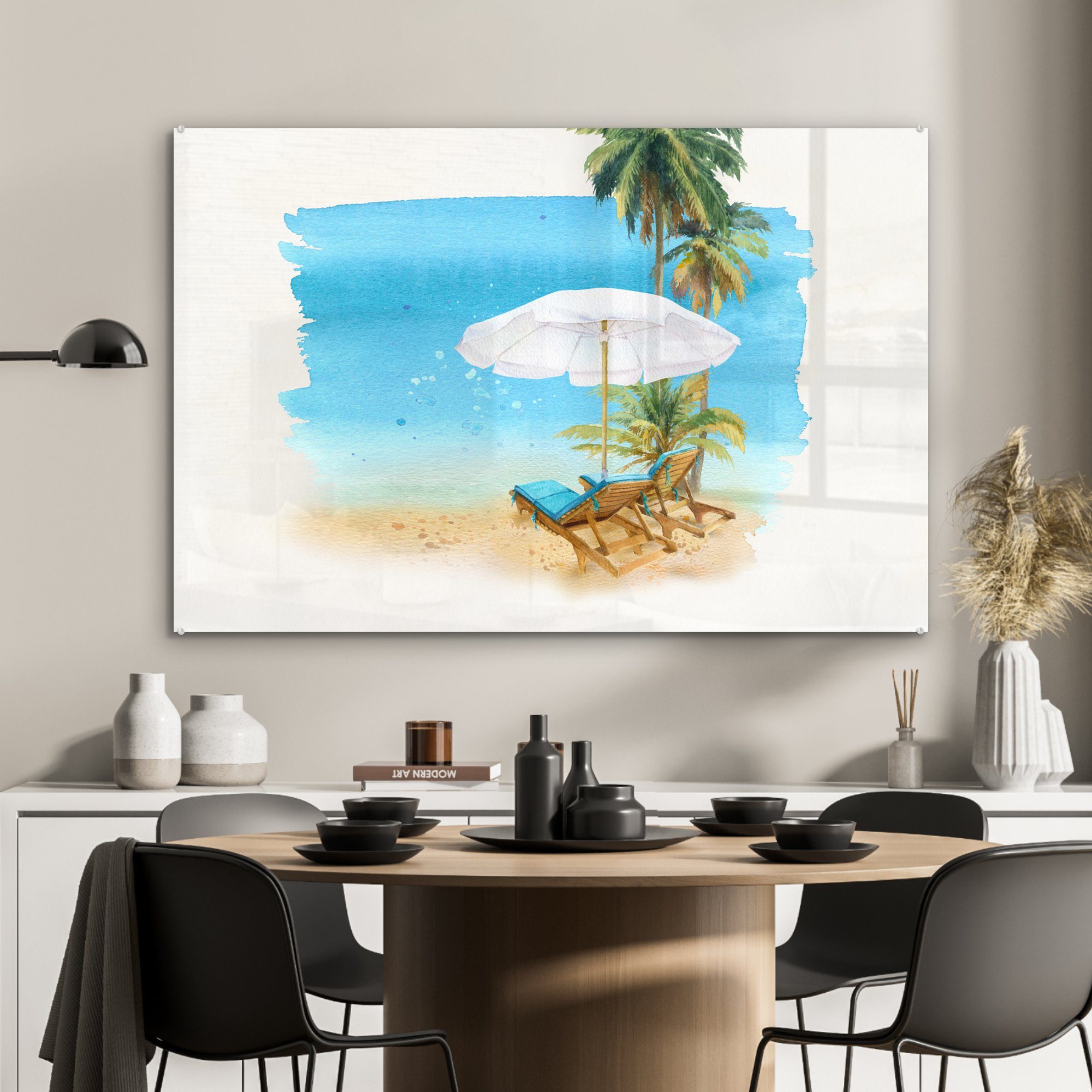 Palmen Wasserfarben, - & Acrylglasbild Wohnzimmer Sonnenschirm (1 MuchoWow Acrylglasbilder Strandkorb St), - - Schlafzimmer
