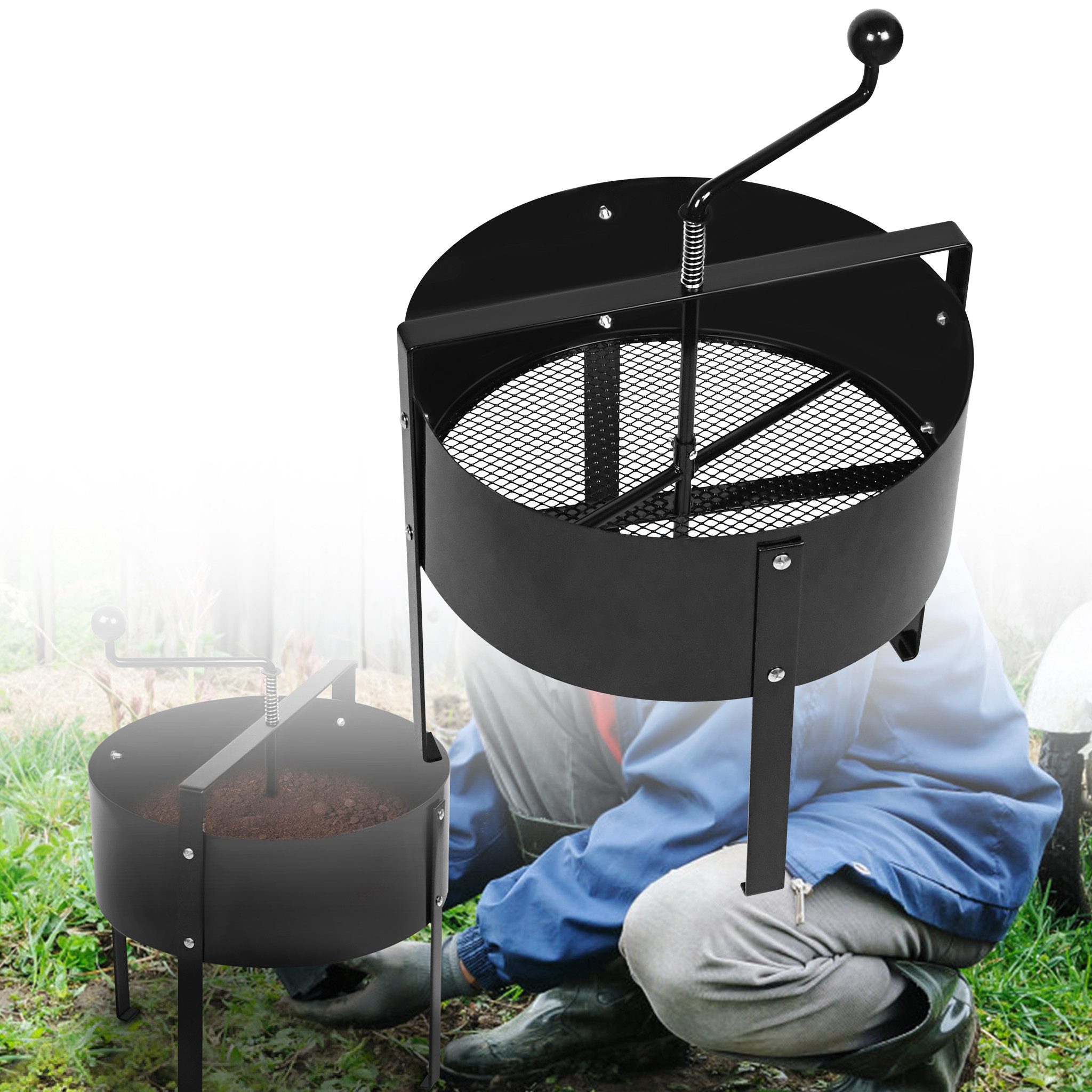 FIVMEN Gartensieb Handkurbelsieb Kompostsieb Bodensieb aus Metall, 40 x 45cm, Komposter für Trennstein, Unkraut, Kompost, Garten, Rasen, Schwarz