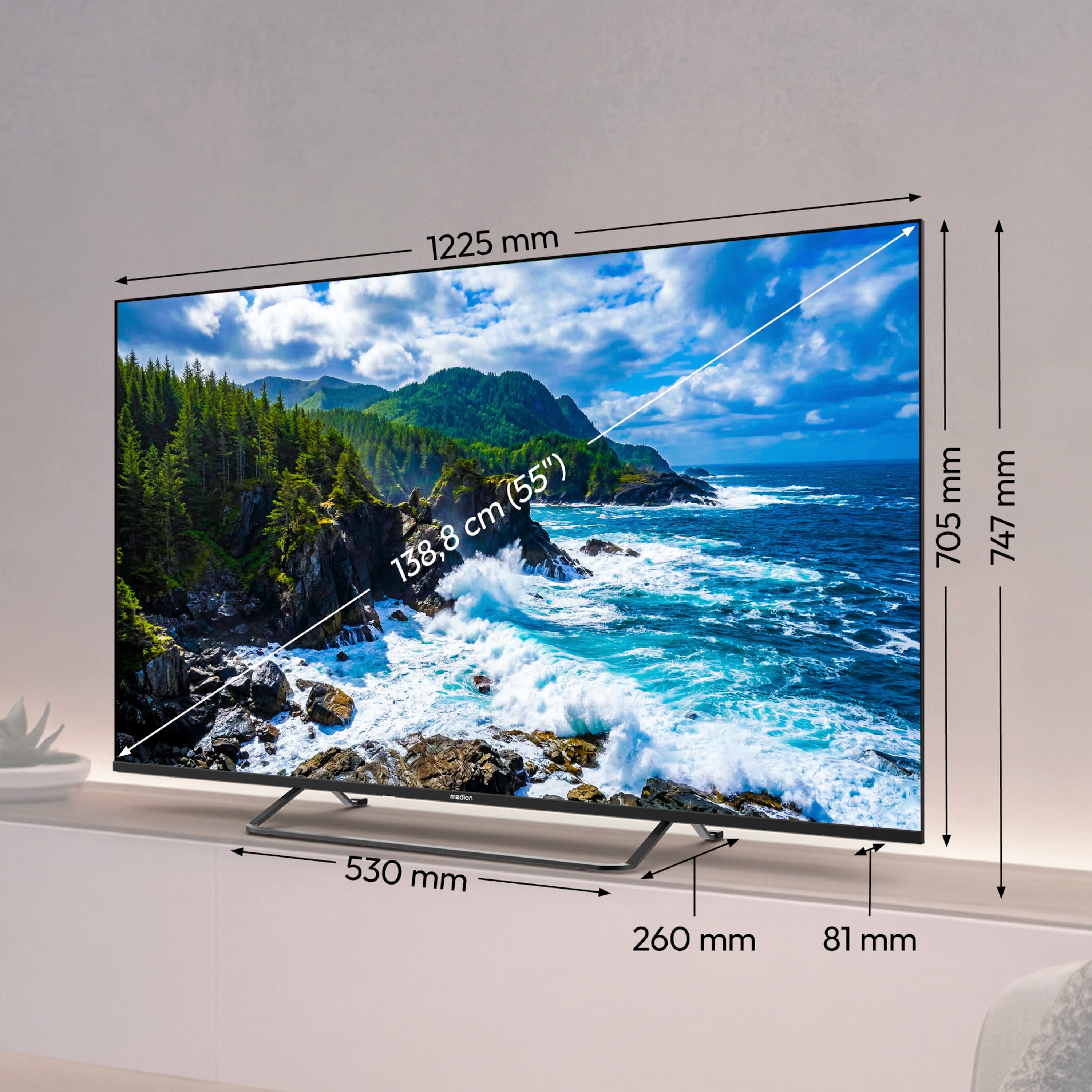 Medion® MD855602 QLED-Fernseher (138.8 cm/55 Zoll, 4K Ultra HD, Smart-TV, Dolby Vision, Dolby Atmos, Netflix, HBO Max, Prime Video, Disney+, WOW)