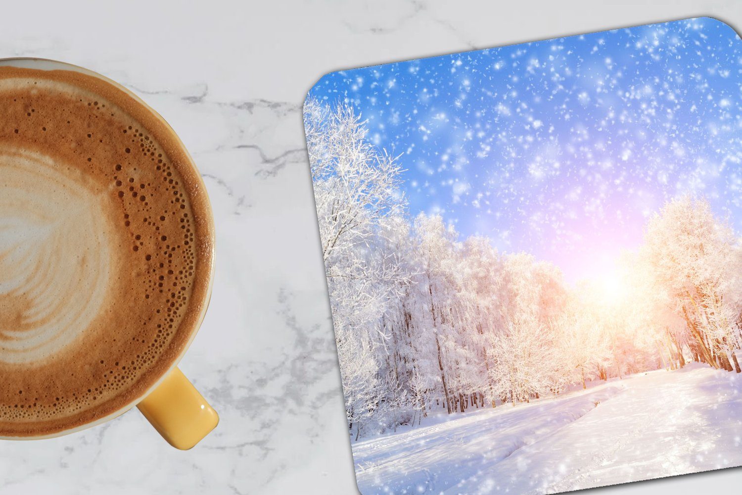 Tasse Sonne - Gläser, Schnee Korkuntersetzer, MuchoWow Winter, für - Untersetzer, Glasuntersetzer, Glasuntersetzer 6-tlg., Tischuntersetzer, Zubehör