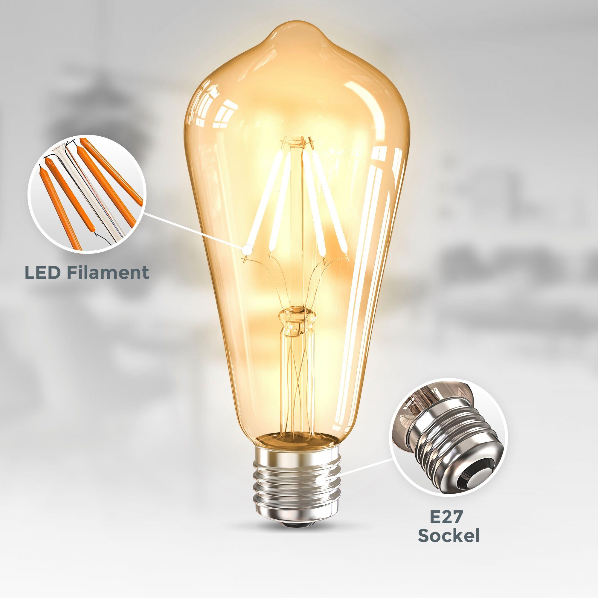 B.K.Licht LED-Leuchtmittel BK_LM1402 Glühbirne Filament St., 2 2.700 Warmweiß, E27 Set Leuchtmittel LED E27, 2er K Vintage Edison ST64