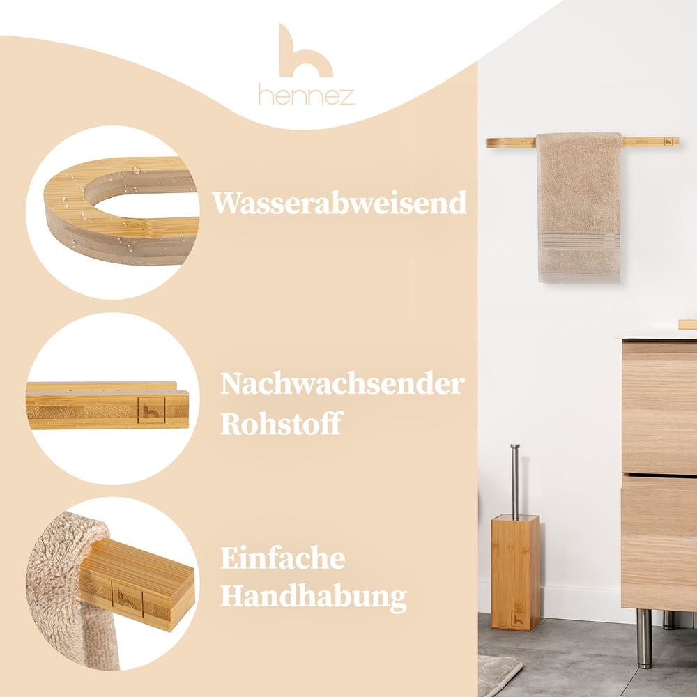 HENNEZ Handtuchhalter Handtuchstange ohne Bohren - Handtuchhalter Wand, Handtuchhalter Bad aus Bambus – Bild 5 von 5
