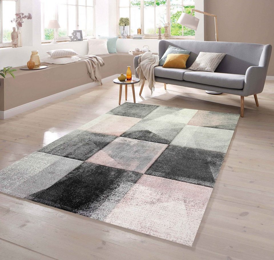 Teppich Teppich Karomuster in grau rosa creme, TeppichHome24, rechteckig