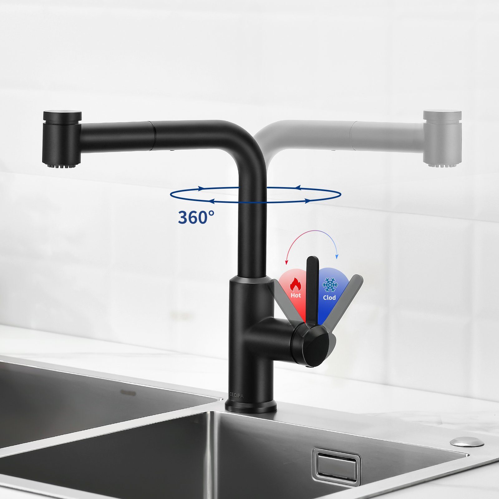 mit Herausziehbarer Wasserauslassmodi CECIPA 2 Küchenarmatur Brause, Küchenmischbatterie Schwarz