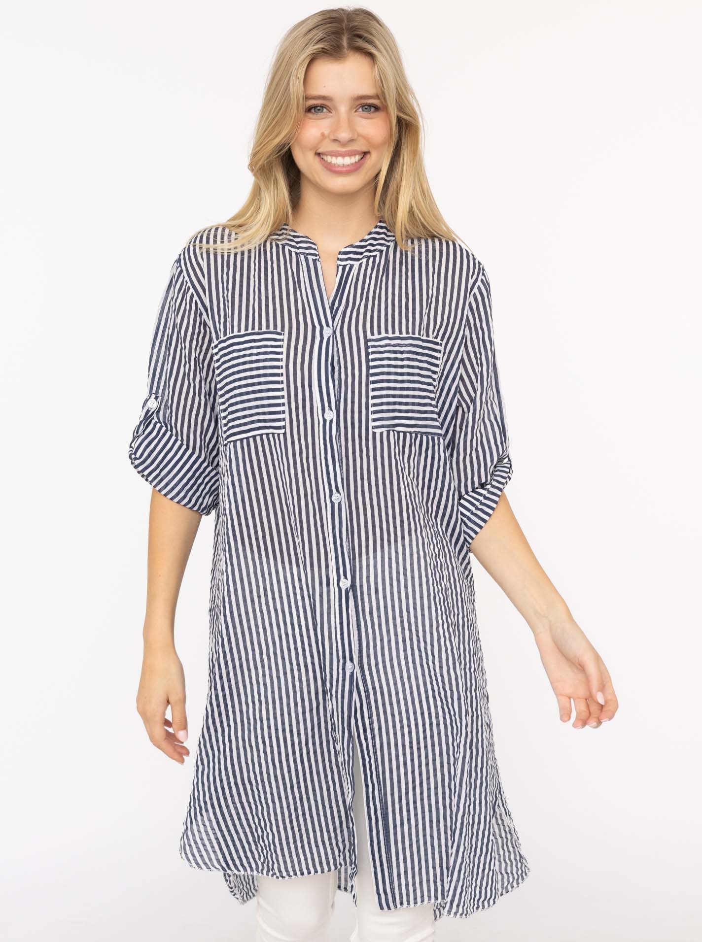 Zwillingsherz Longbluse "Kida" One Size, Streifen, Knopfleiste, Brusttaschen, 3/4-Arm
