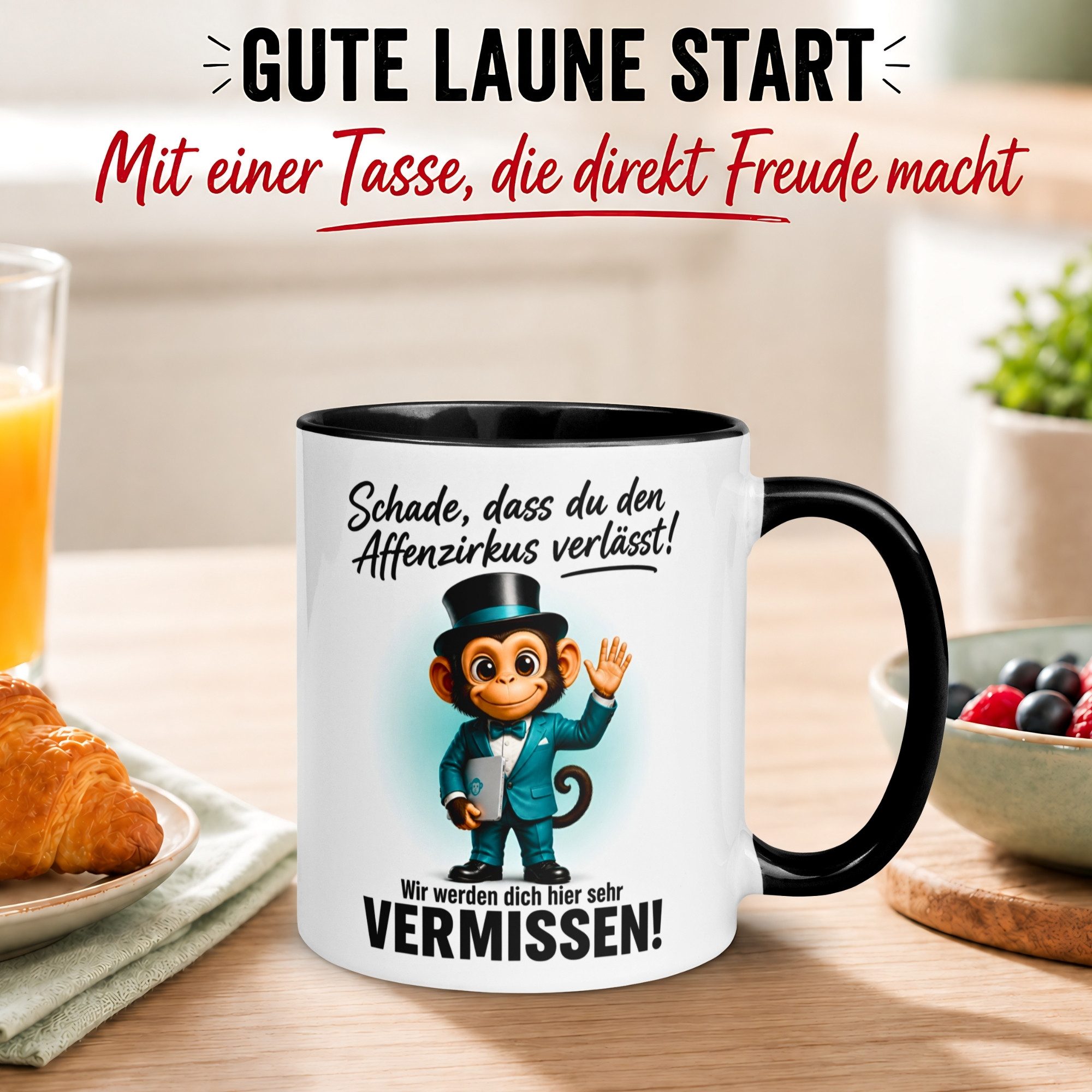 Momentals Tasse Abschiedsgeschenk Kollegen – „Schade dass du den Affenzirkus verlässt“, Gratis Versand · Links-&Rechtshänder · Spülmaschinenfest