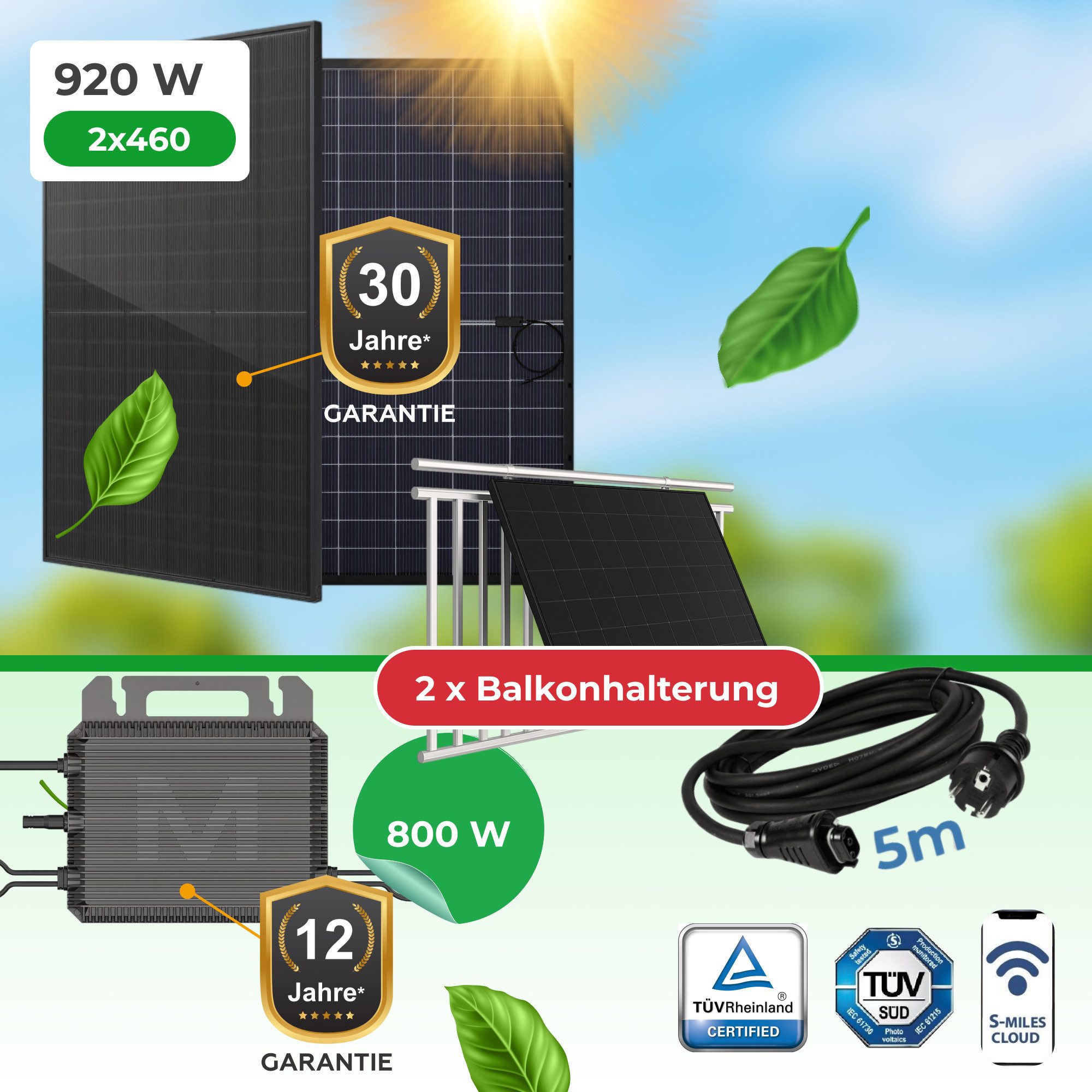 Paket.ag Balkonkraftwerk 920Watt mit M2-800W WiFi-Wechselrichter Wifi, App inkl Balkonhalterung, (1-St)