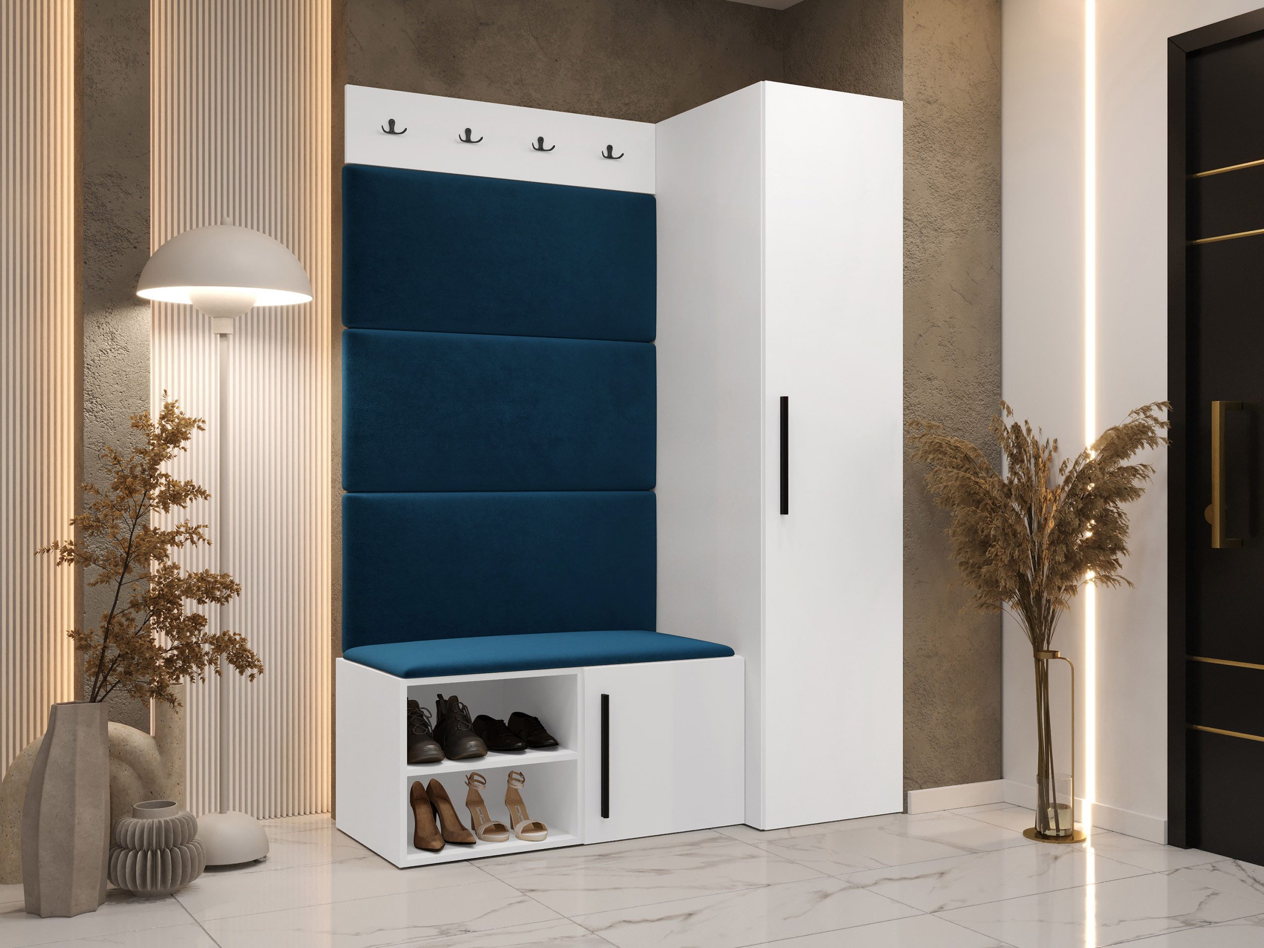 MIRJAN24 Garderoben-Set Medi II, (Drehtürenschrank, Schuhschrank, 4x Paneel 84x42), 4 Kleiderhaken für Kleidung