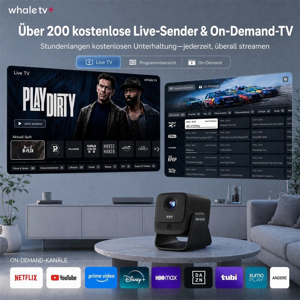 XGODY N7 Beamer 4K Mit Netflix Zertifizierung AutoFokus Heimkino 1080P LCD-Beamer (1000 lm, 2500:1, 3840 x 2160(1000 ANSI) px, WiFi Bluetooth Video Projektor für Handy, Heimkino, Kurzdistanz, Decke) schwarz