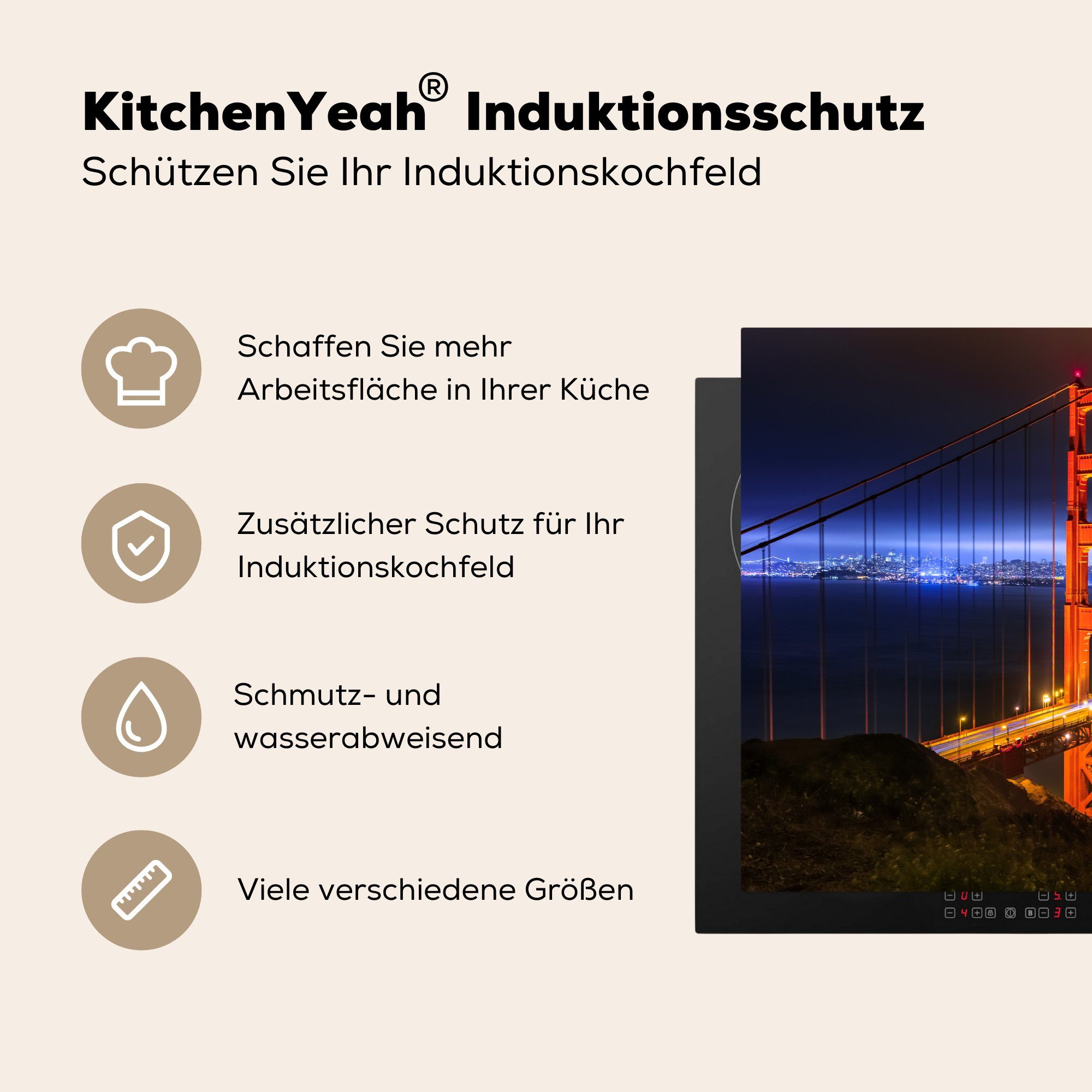 MuchoWow Herdblende-/Abdeckplatte Die Golden Gate Nacht küche, bei (1 Vinyl, Bridge beleuchtet, Ceranfeldabdeckung die tlg), Schutz cm, Induktionskochfeld für 81x52