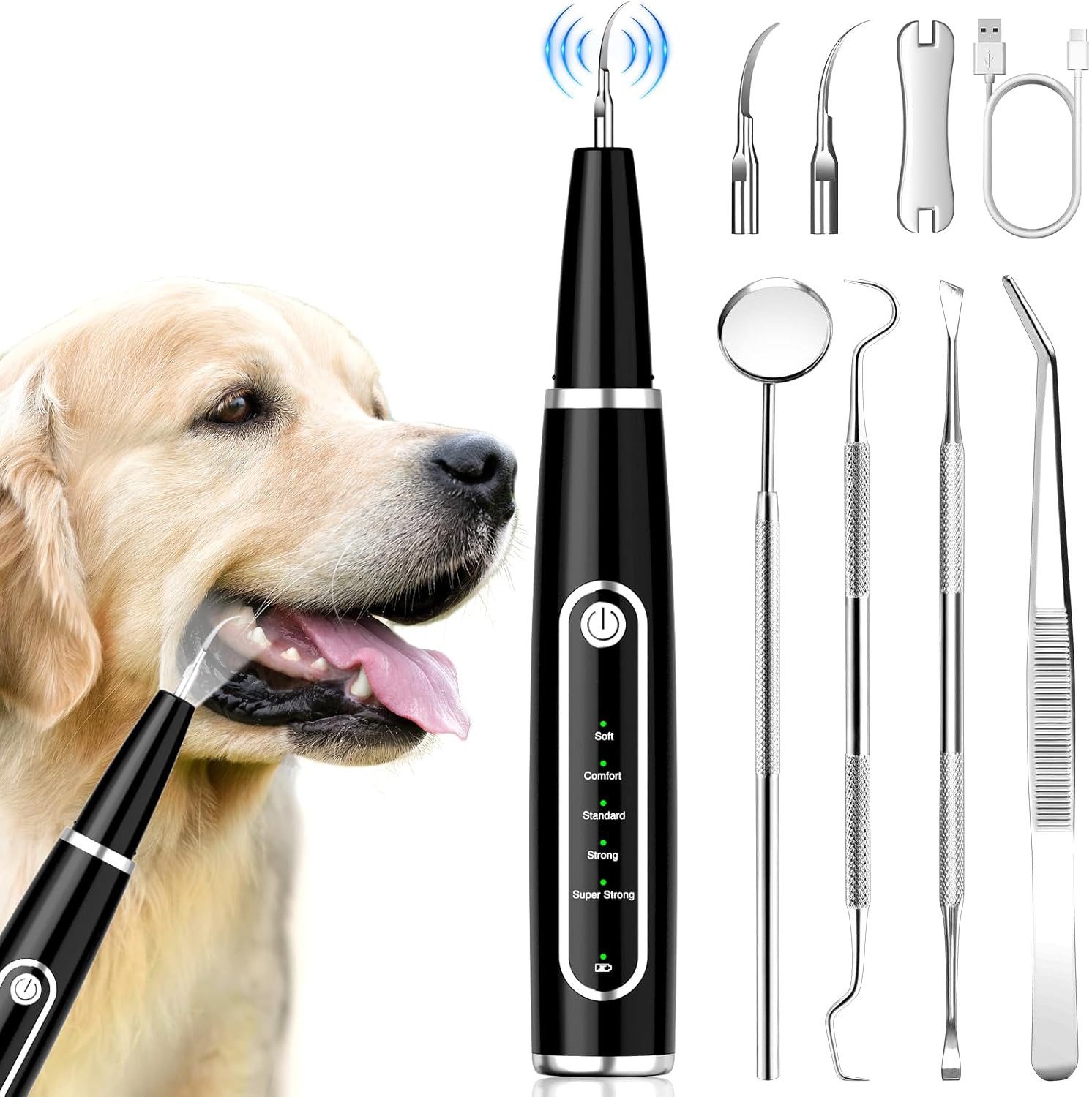 poweradd pro Zahnpflege-Set Ultraschall-Zahnreiniger für Hunde/Katzen, 8-tlg., 5 Modi & 3 Köpfe, IPX7 wasserdicht (1500mAh)​