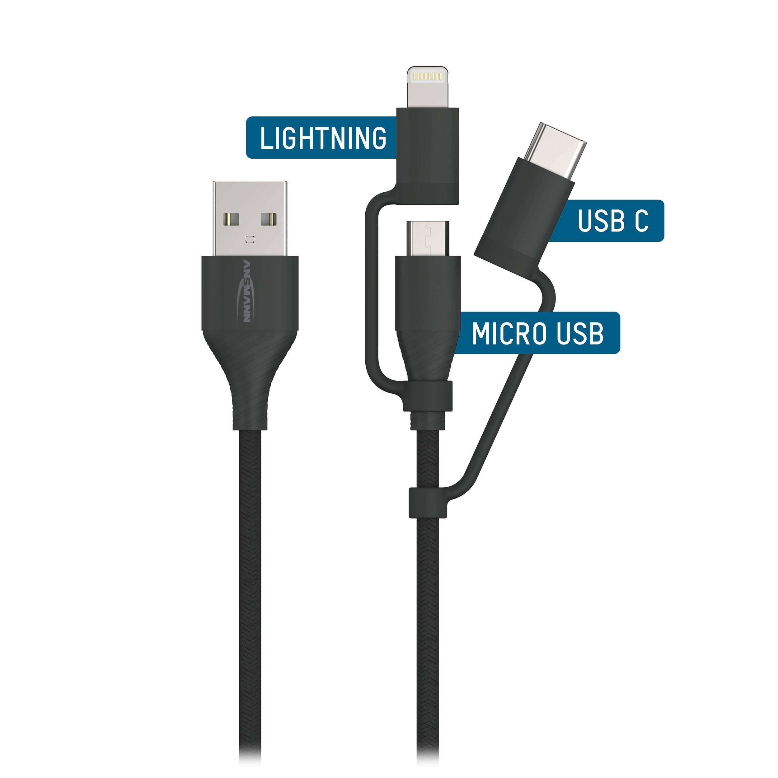 ANSMANN AG USB 3-in-1 Micro/Type-C/ Lightning Daten und Ladekabel, 120 cm USB-Kabel