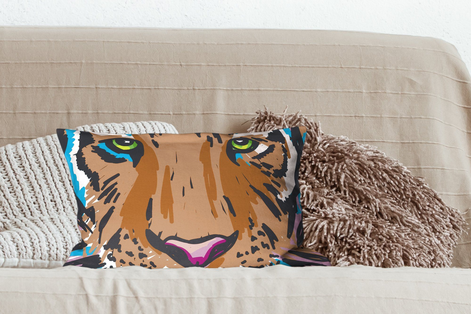 Dekoration, Tiger MuchoWow Zierkissen, Gemälde, Füllung, - Wohzimmer Dekokissen Schlafzimmer - mit Dekokissen Kopf