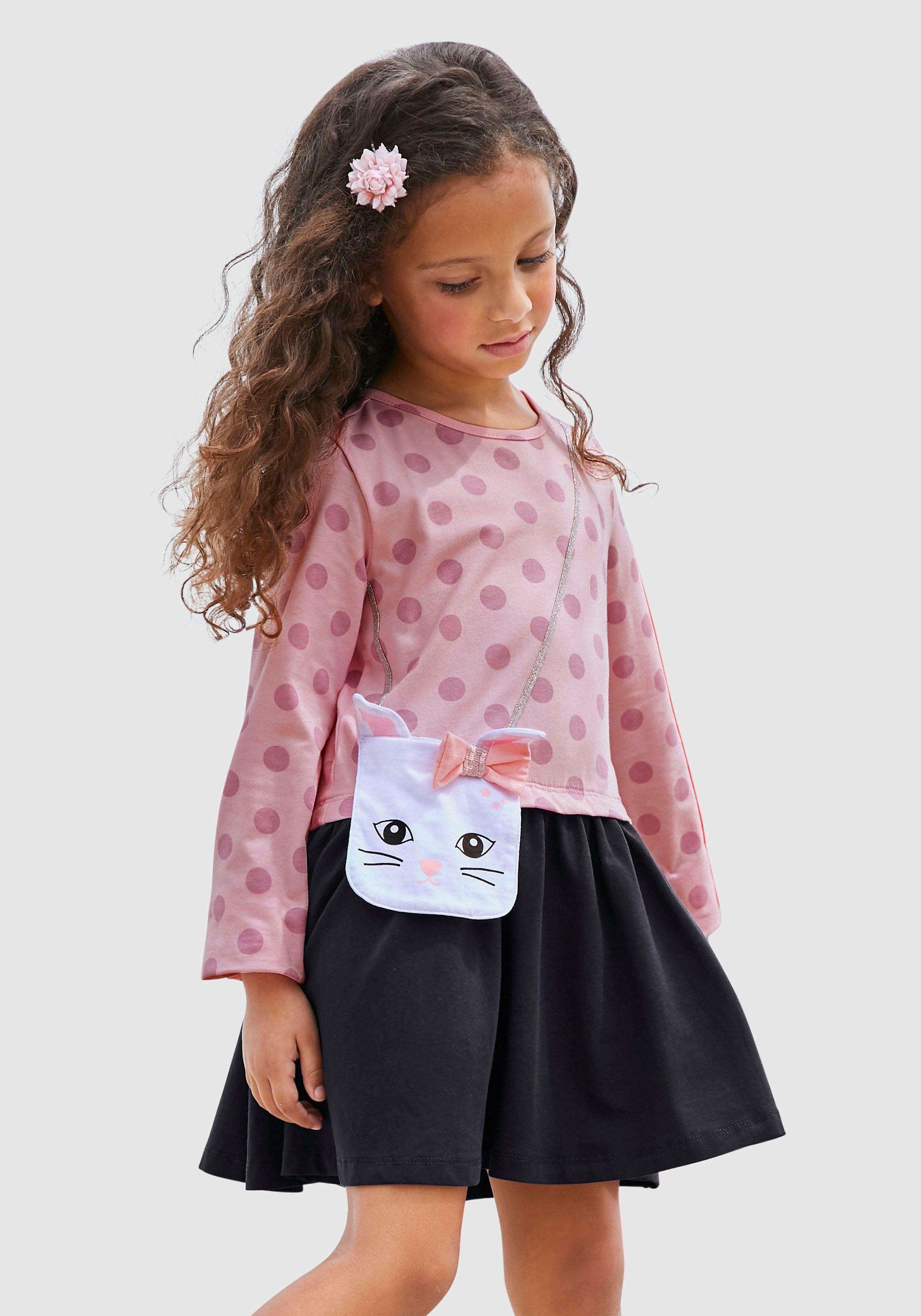 KIDSWORLD Jerseykleid mit Glitzerband Tasche und appliziertem kleiner