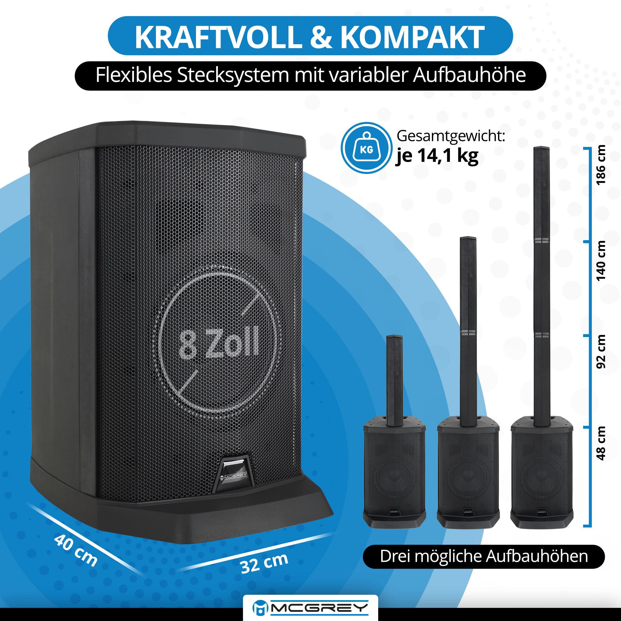 McGrey E-208LA Aktiv Line Array Säulenanlage Stereo Set Lautsprecher (Bluetooth, 100 W, PA-Anlage mit 8x 2,5" Breitbandlautsprecher)