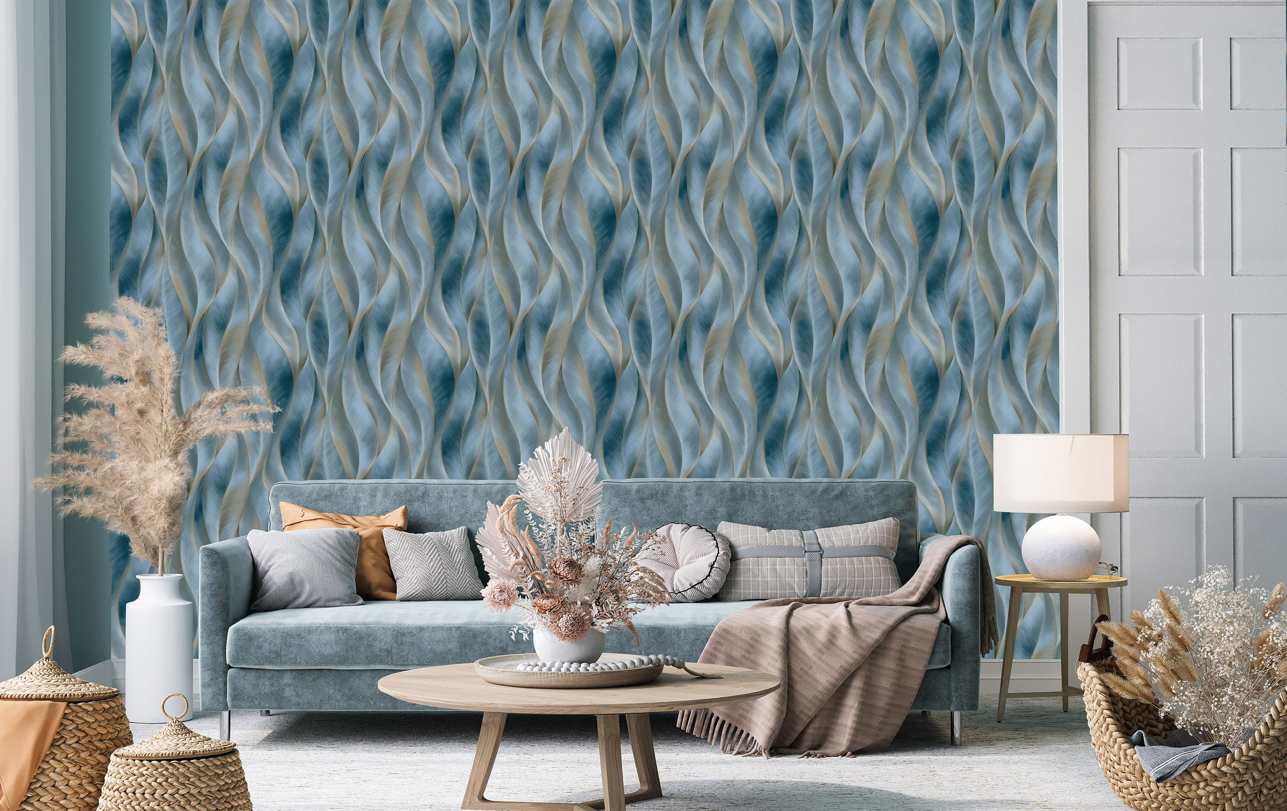 Wallarena Vliestapete Blau Blätter Wellen Wohnzimmer günstig online kaufen