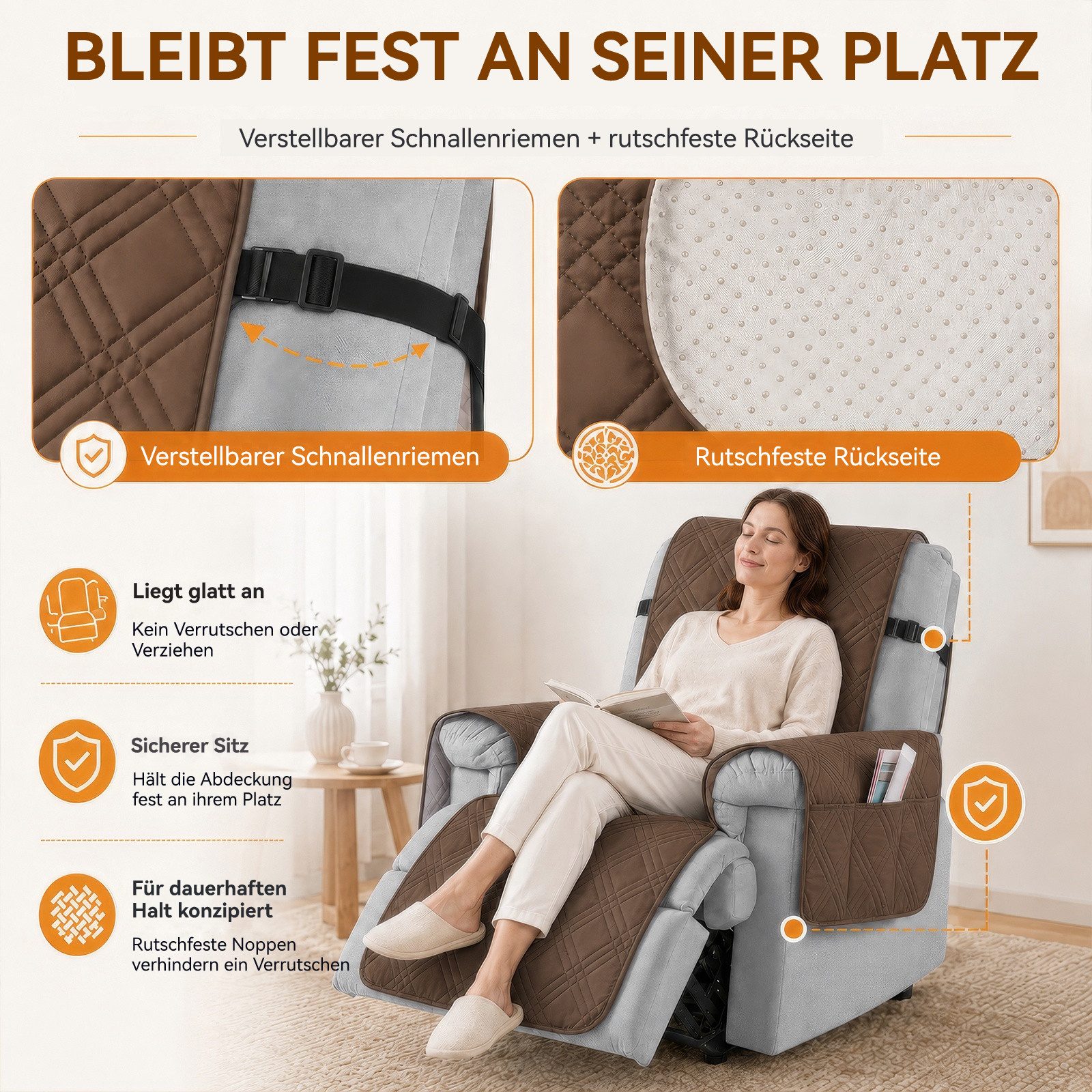 LEMLIT Sesselschoner Wasserdicht Sofabezug mit Seitentaschen,Anti-Slip 1 Sitzer, Sesselüberwurf Sessel überzug, Abnehmbar und Waschbar – Bild 4 von 5