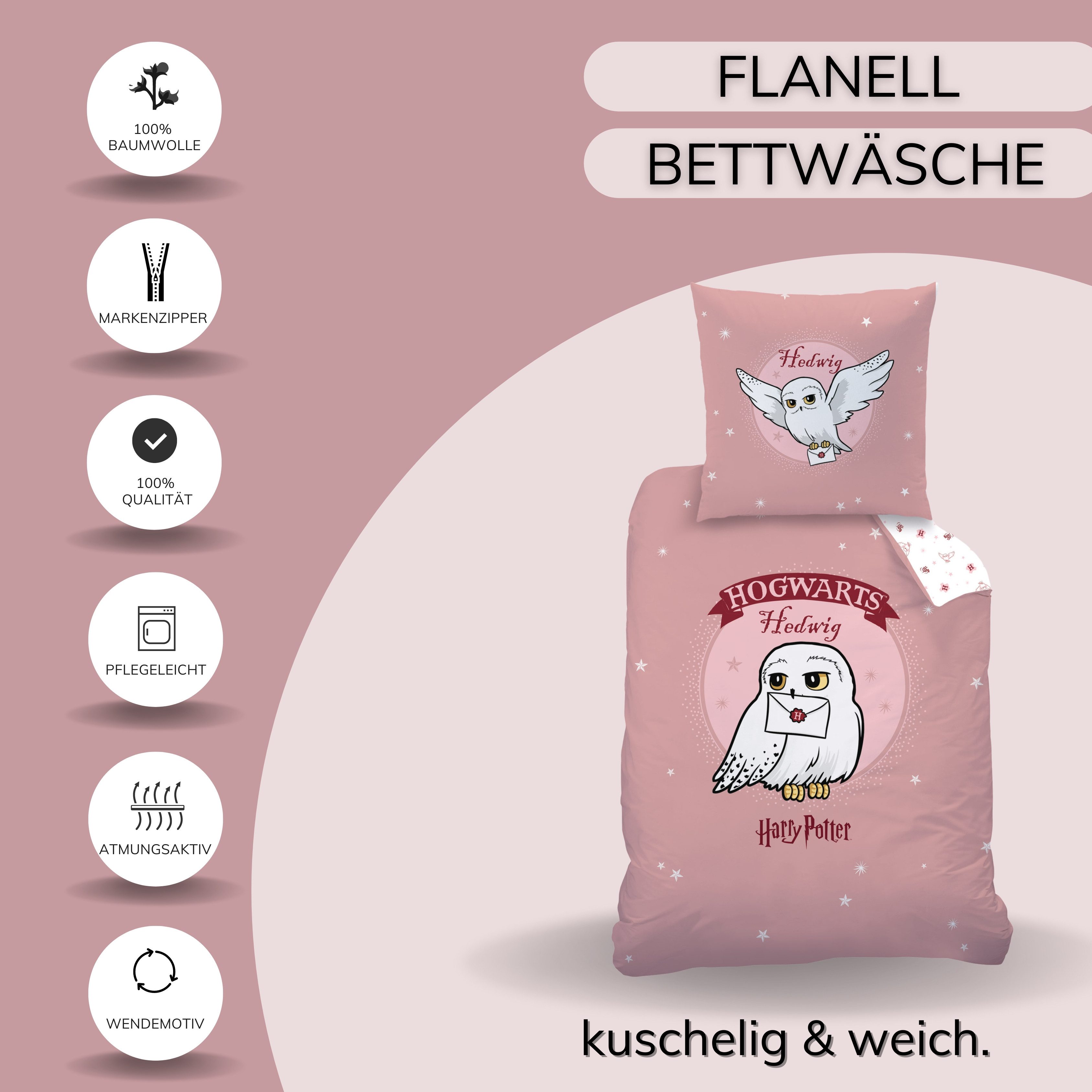 MTOnlinehandel Bettwäsche Harry Potter Biber/ Flanell in 135x200 + 80x80 cm, Eule Hedwig, 100% Baumwolle, 2 teilig, kuschelig, weich, Hogwarts, Jungen und Mädch – Bild 4 von 5