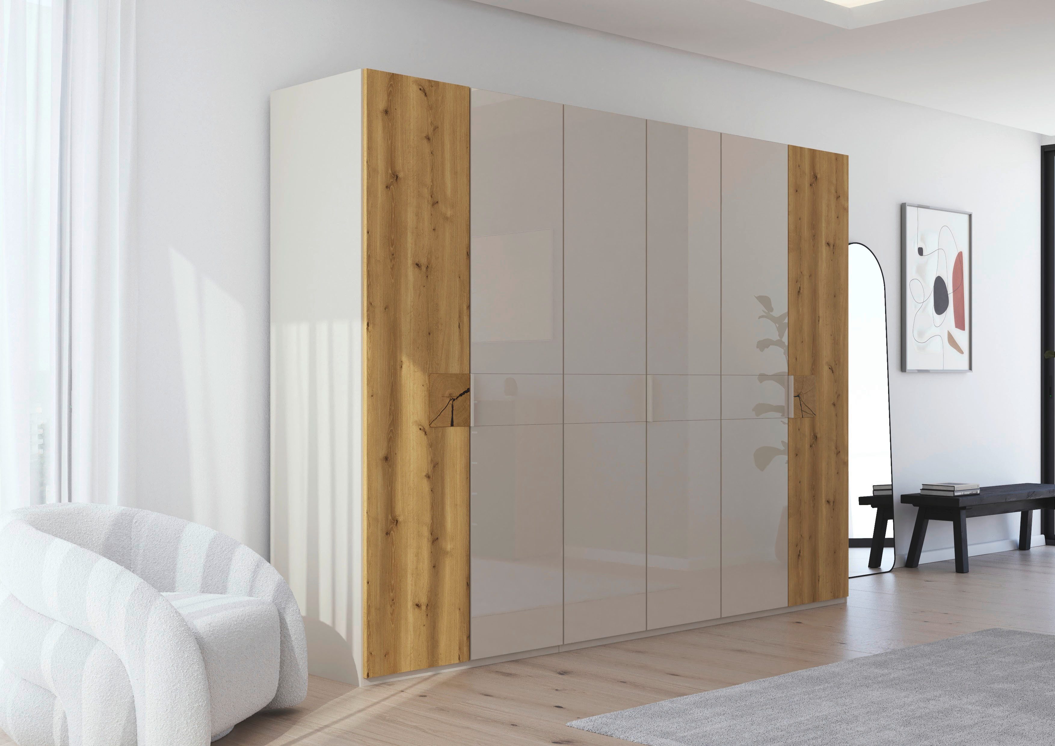 rauch Kleiderschrank Drehtürenschrank Schrank Garderobe Wäscheschrank KONA (Breiten 251/301 cm, Höhe 223 cm, Tiefe 61 cm) Glasauflage, Massivholz-Absetzung, SOFT-CLOSE-FUNKTION MADE IN GERMANY