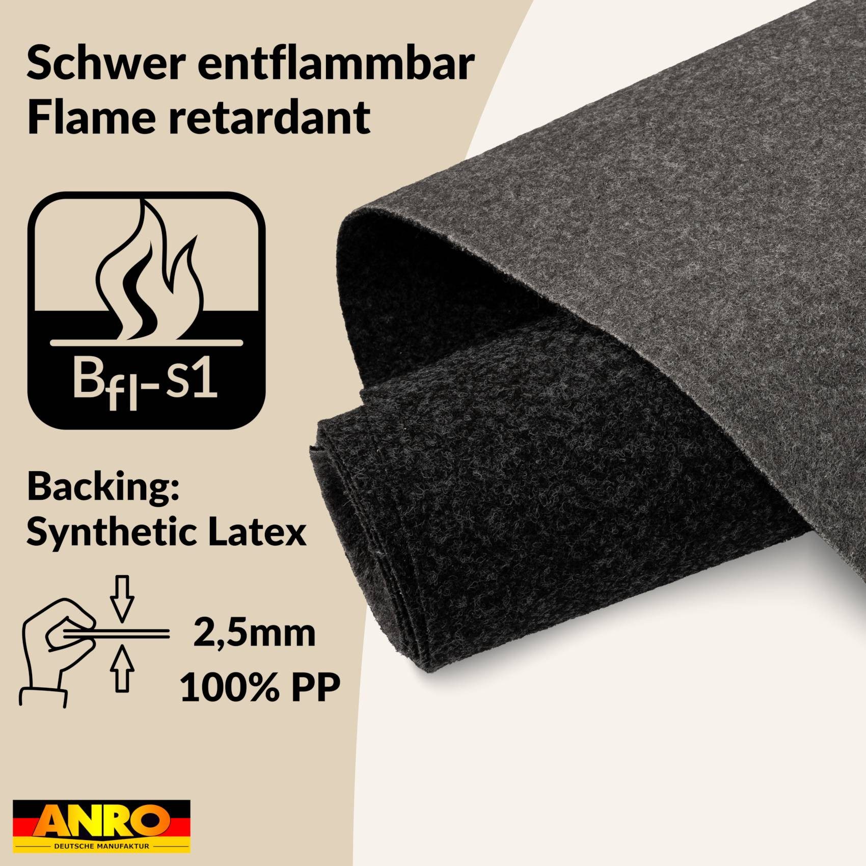 ANRO Teppich AXEL Eventteppich BFl-S1 Uni Messeteppich Läufer, Rechteckig, Höhe: 3 mm, schwer entflammbar Läufer 100x60cm Einfarbig Anthrazit