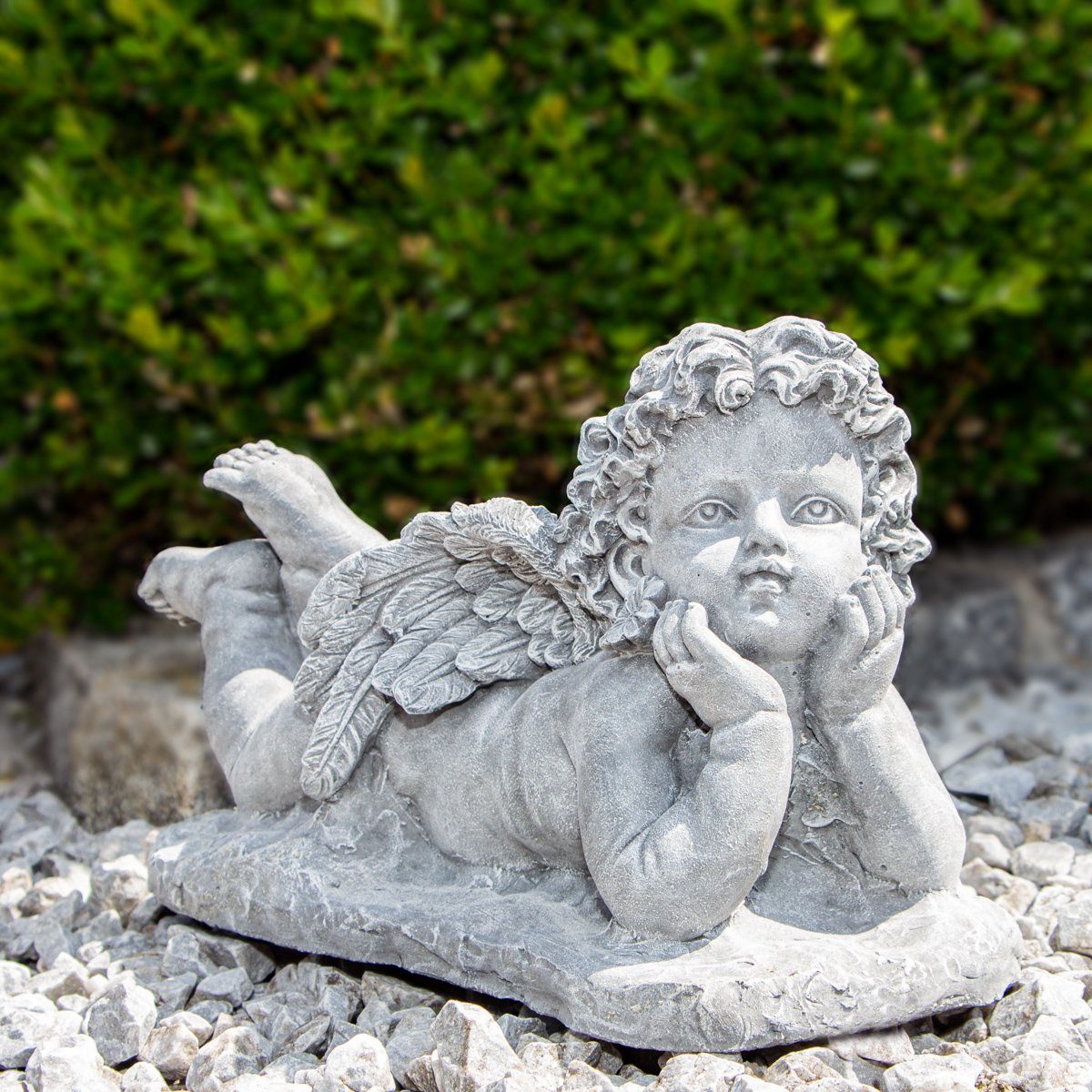 Antikas Gartenfigur Engel, Skulptur, groß, Bauch liegend, Stein, Grau