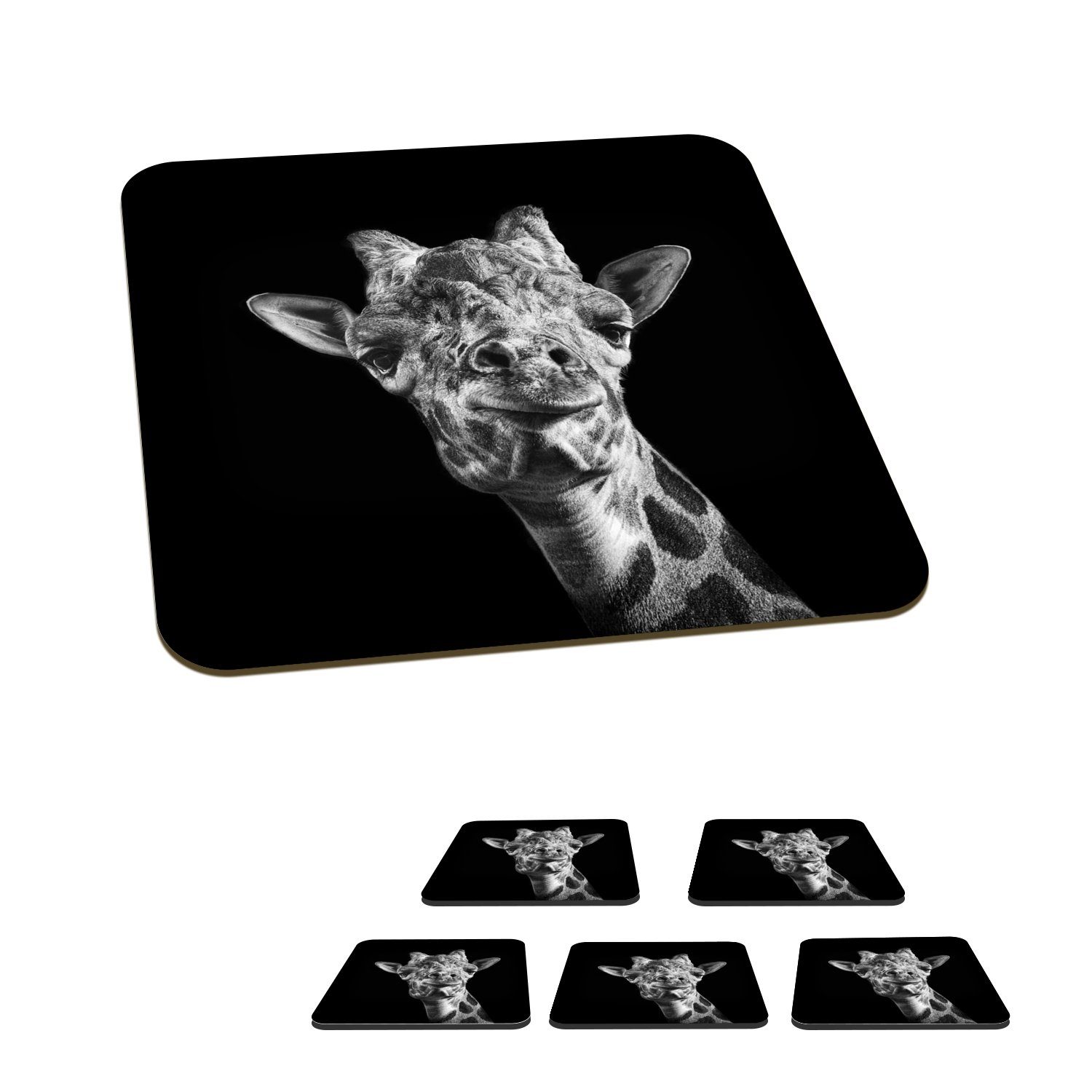 MuchoWow Glasuntersetzer Giraffe - Tier - Schwarz - Weiß, Zubehör für Gläser, 6-tlg., Glasuntersetzer, Tischuntersetzer, Korkuntersetzer, Untersetzer, Tasse
