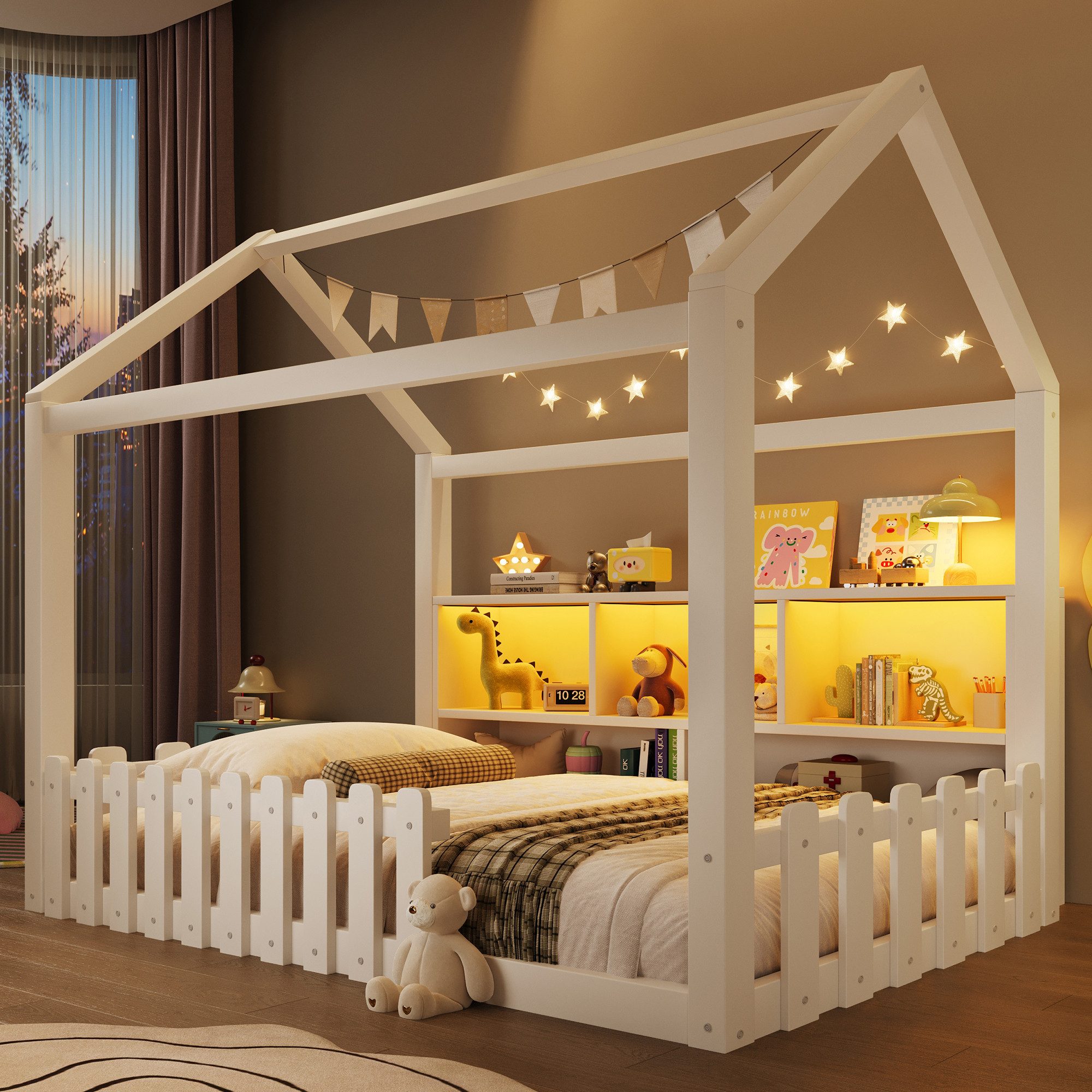 Merax Kinderbett mit LED-Lichtleiste (Kiefer Bodenbett Jugendbett, 1-tlg), Flachbett Hausbett 140x190cm mit LED-Lichtleiste & offenen Staufächern