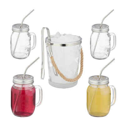 relaxdays Gläser-Set »4 Trinkgläser mit Deckel und Zubehör«, Glas
