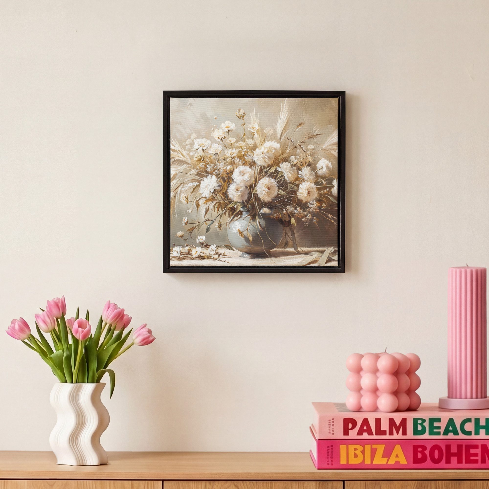 OneMillionCanvasses® Leinwandbild mit Rahmen - Blumen - Vase - Stilleben - Beige, Fotodruck (1 St), Leinwand Bilder Klein, Wand Dekoration Aesthetic 20x20cm – Bild 4 von 5