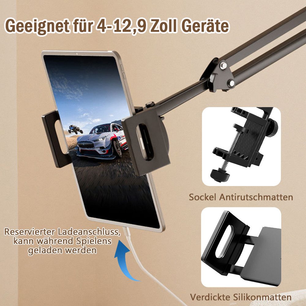 TUWENA Tablet-Halterung Tablet Halterung für Bett & Schreibtisch, Einstellbar Lang Arm Ständer, (Für iPad, Tablets, Telefone oder Andere Geräte mit 4 bis 12,9 Zoll)