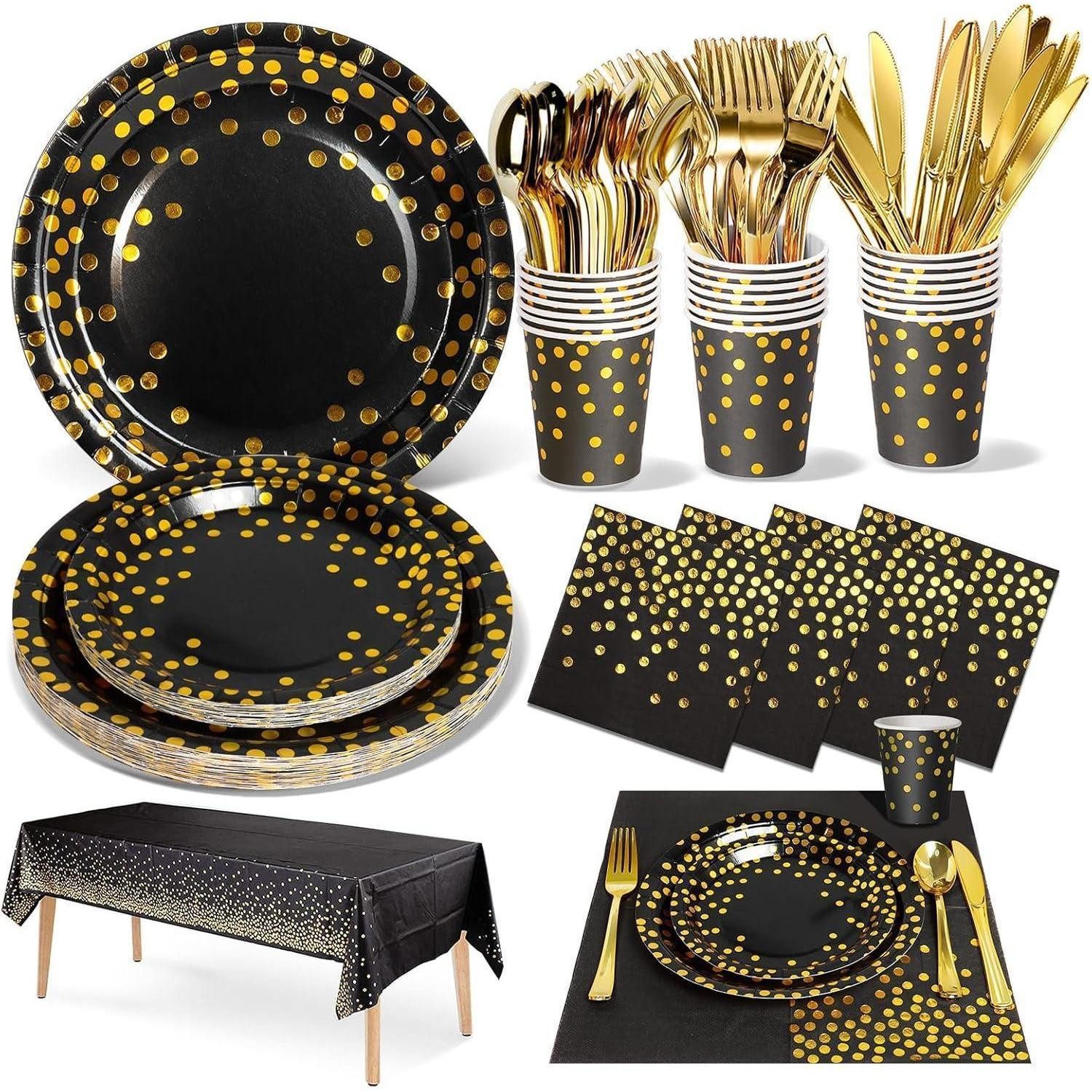 LuxusKollektion Pappteller 141 Stück Schwarzesgold Partygeschirr Set für 20 Gäste, (1 St)