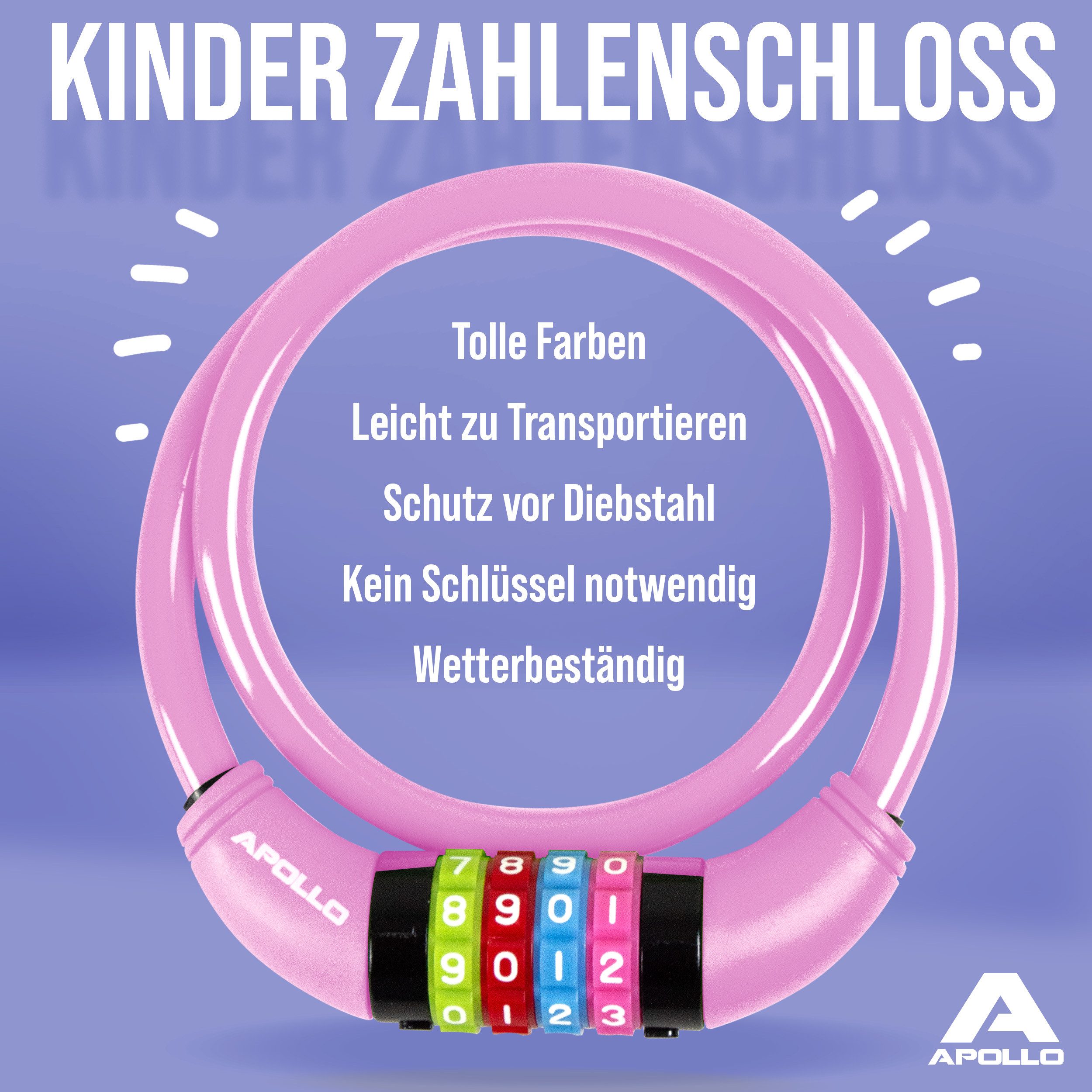 Apollo Zahlenkabelschloss Kinder Fahrradschloss – Zahlenschloss - auch für Scooter und Laufräder, 65 cm Länge, 300 g, 10.000 Kombinationen