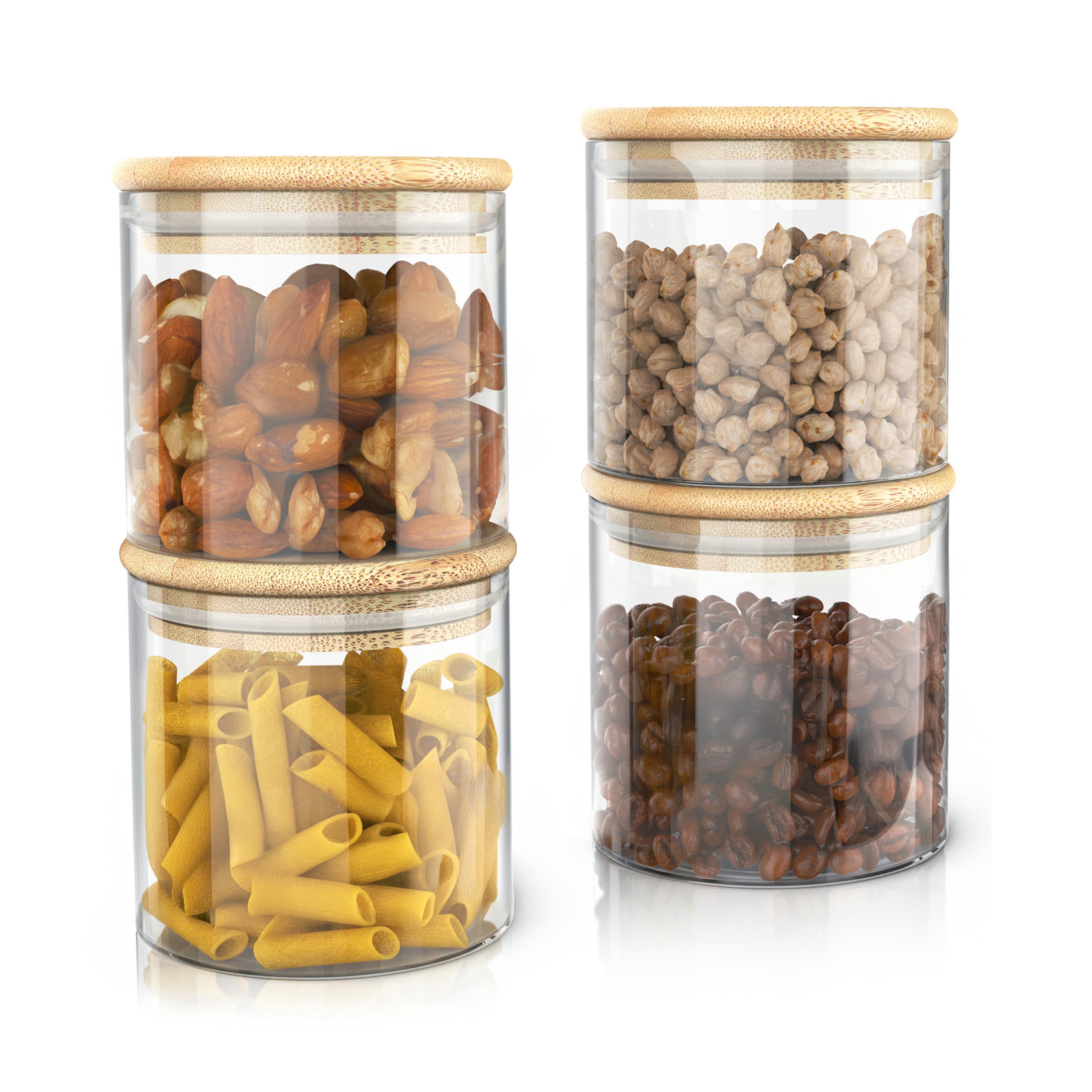 Arendo Aufbewahrungsbecher Glasbehälter-Set 4x 0,75 L Borosilikatglas mit Bambusdeckel, luftdicht, Borosilikatglas, Bambus, Silikon, (Vorratsbehälter-Set, 4-tlg., 4er Set), Hitzebeständig, umweltfreundlich, langlebig, mikrowellengeeignet