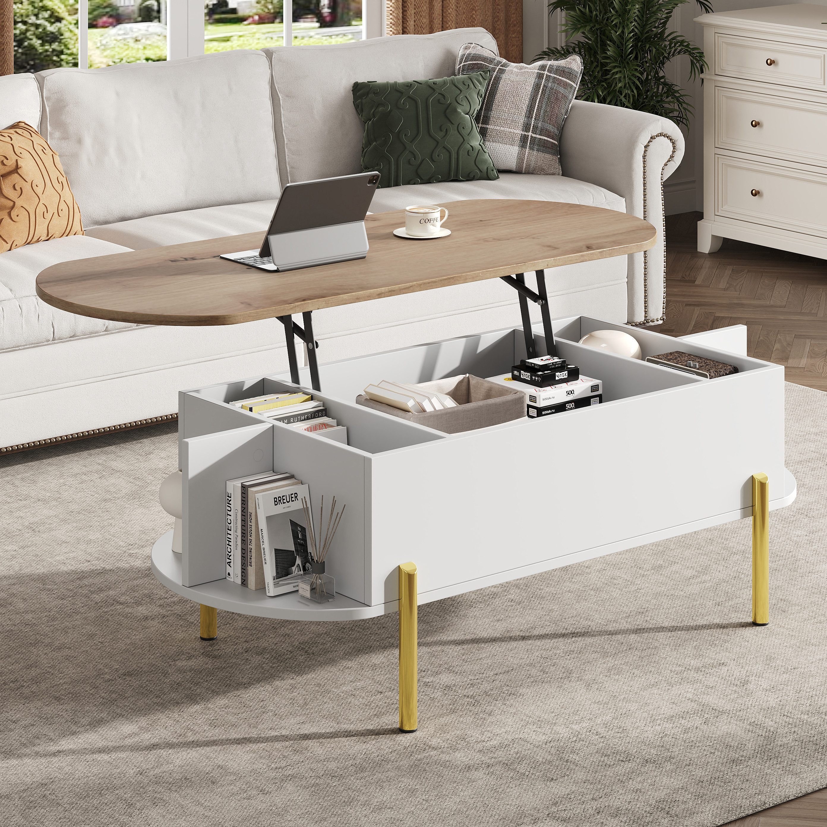 Fine Life Pro Couchtisch Weißer Couchtisch, höhenverstellbar, 7 Ablagen, Stauraum, Holzdetails, 120x50x43 cm, vielseitig, für Wohnzimmer