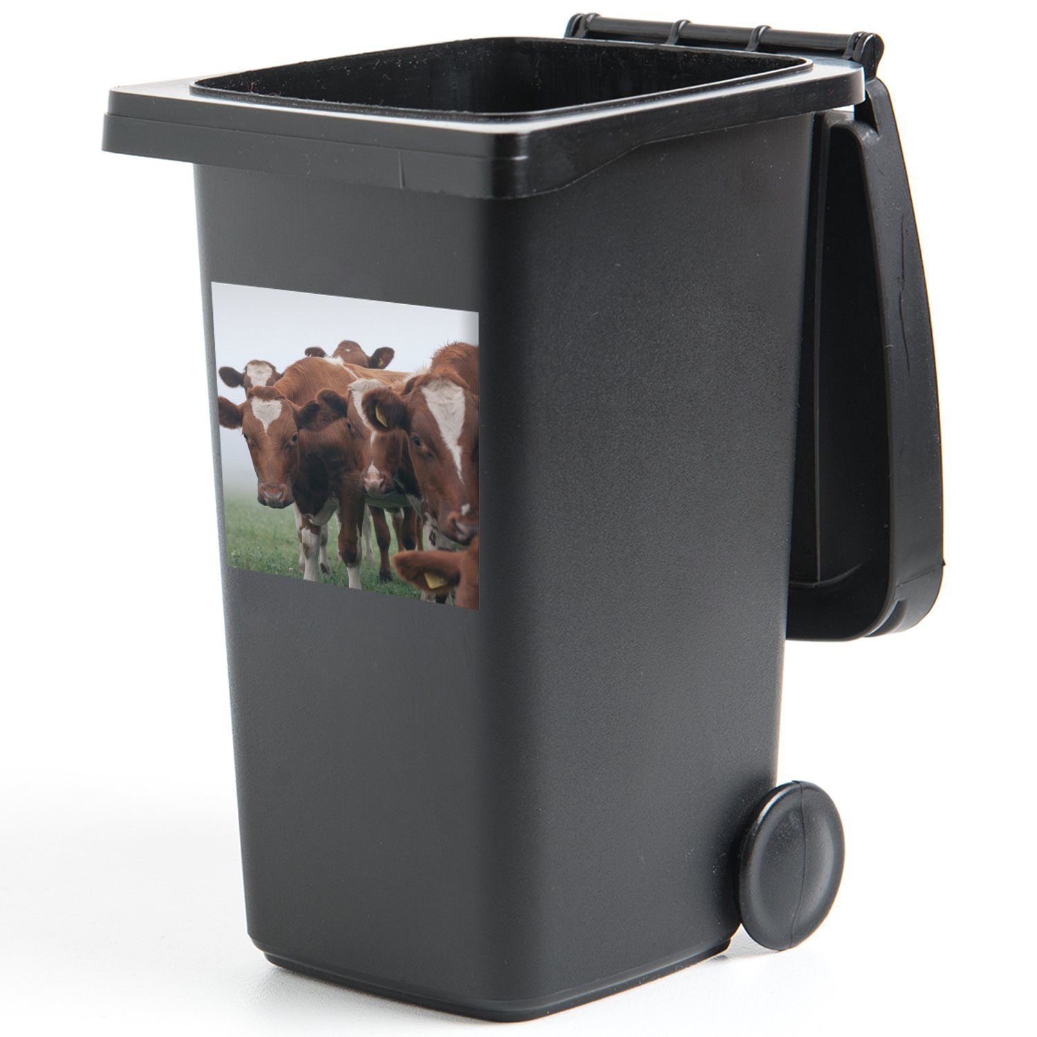 Abfalbehälter Mülleimer-aufkleber, Mülltonne, Braun - St), - Sticker, (1 Kühe MuchoWow Wandsticker Container, Nebel