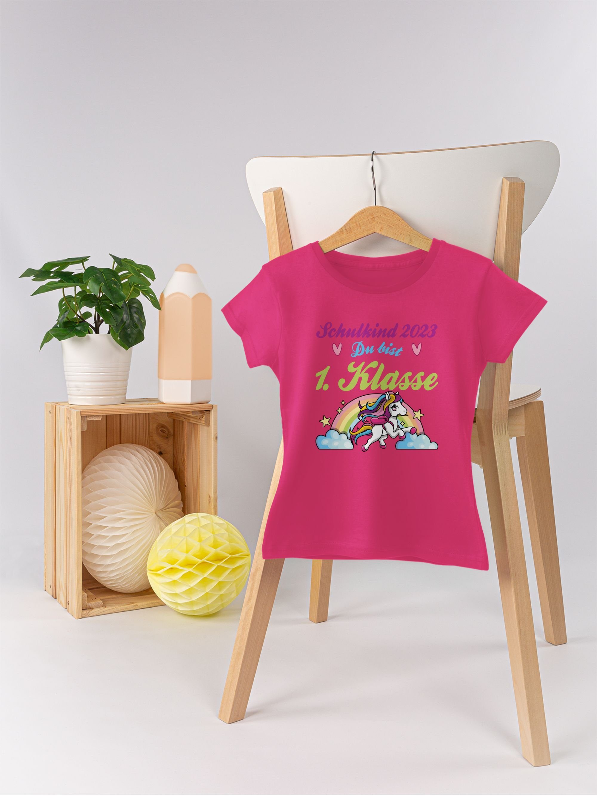 Shirtracer und Fuchsia Regenbogen Einschulung T-Shirt 1 Pferd 1. Mädchen - Schulkind 2023 bist Klasse du