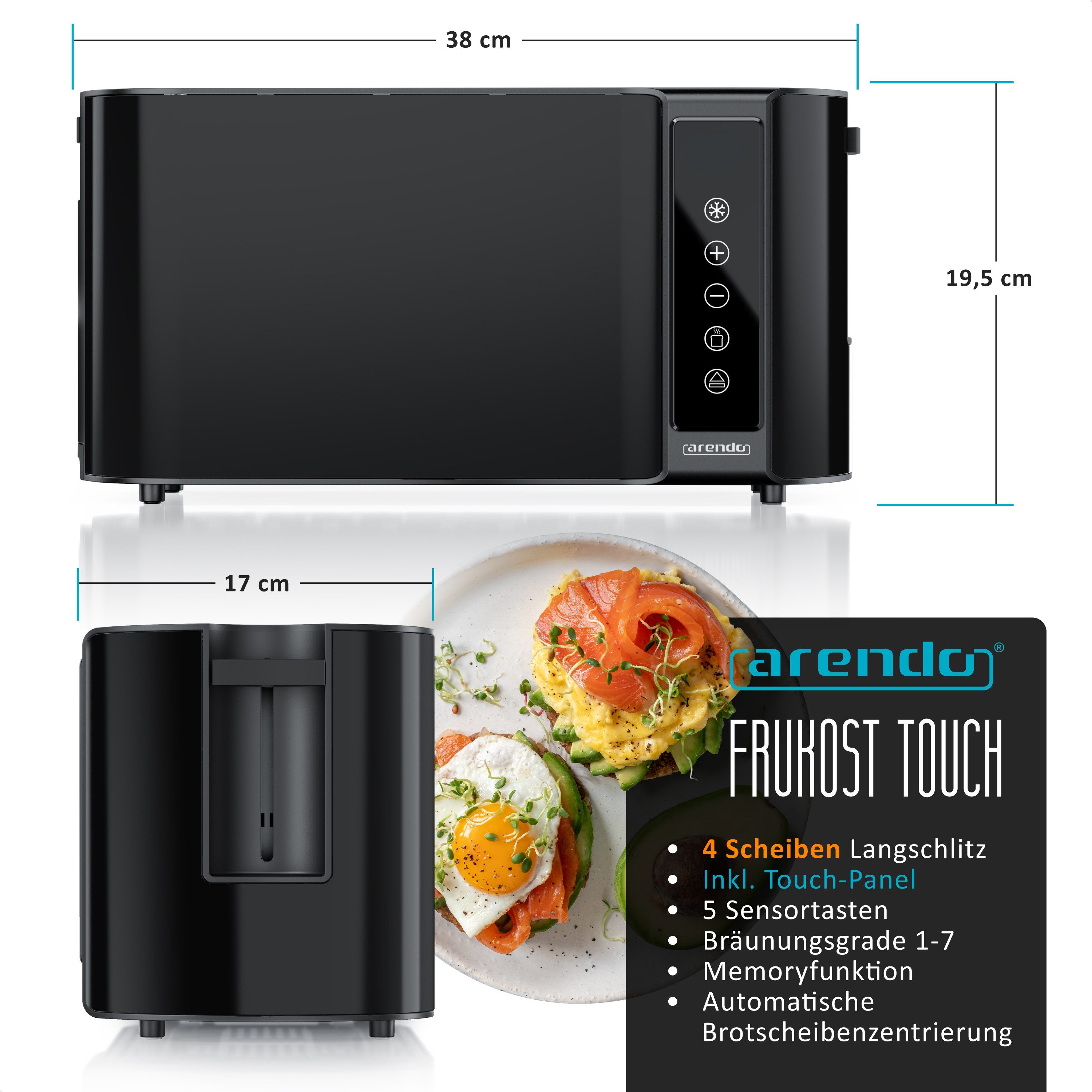 Arendo Toaster 4-Scheiben, Wärmeisoliertes Doppelwandgehäuse, Display Restzeitanzeige, 2 lange Schlitze, für 4 Scheiben, 1500 W, Langschlitz, Brötchenaufsatz, Brotscheibenzentrierung, Touchpanel