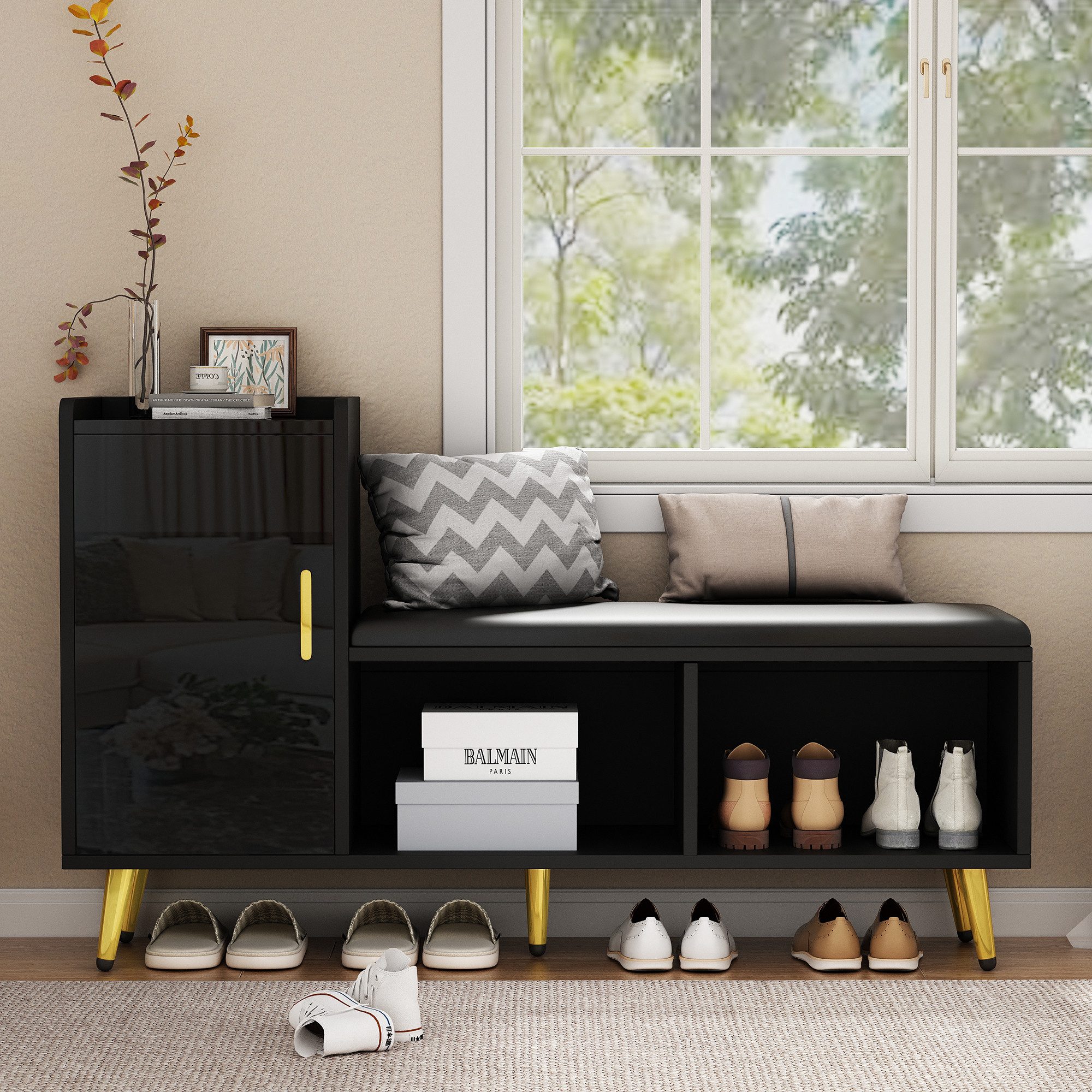 Merax Schuhschrank mit 3 verstellbaren Schuhablagen, Tür und offenen Ablagefächern (Eingangsschrank Flurmöbel Schuhaufbewahrung, 1-St., 120 x 35 x 71,5 cm) Schuhbank mit gepolsterter Sitzfläche, goldene Griffe & Metallbeine