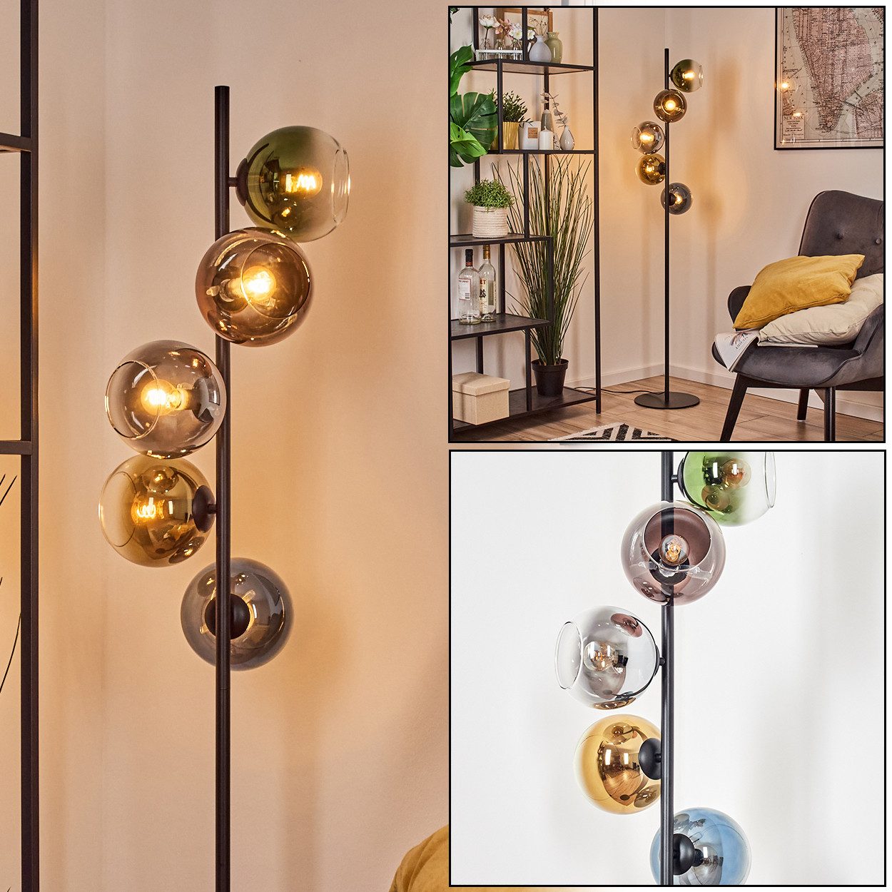hofstein Stehlampe Stehlampe aus Metall/Glas in Schwarz/Blau/Grün/Gold/Kupfer/Rauch/Klar, ohne Leuchtmittel, Stehleuchte im Retro/Vintage-Design mit Fußschalter, 160 cm, 5 x E14
