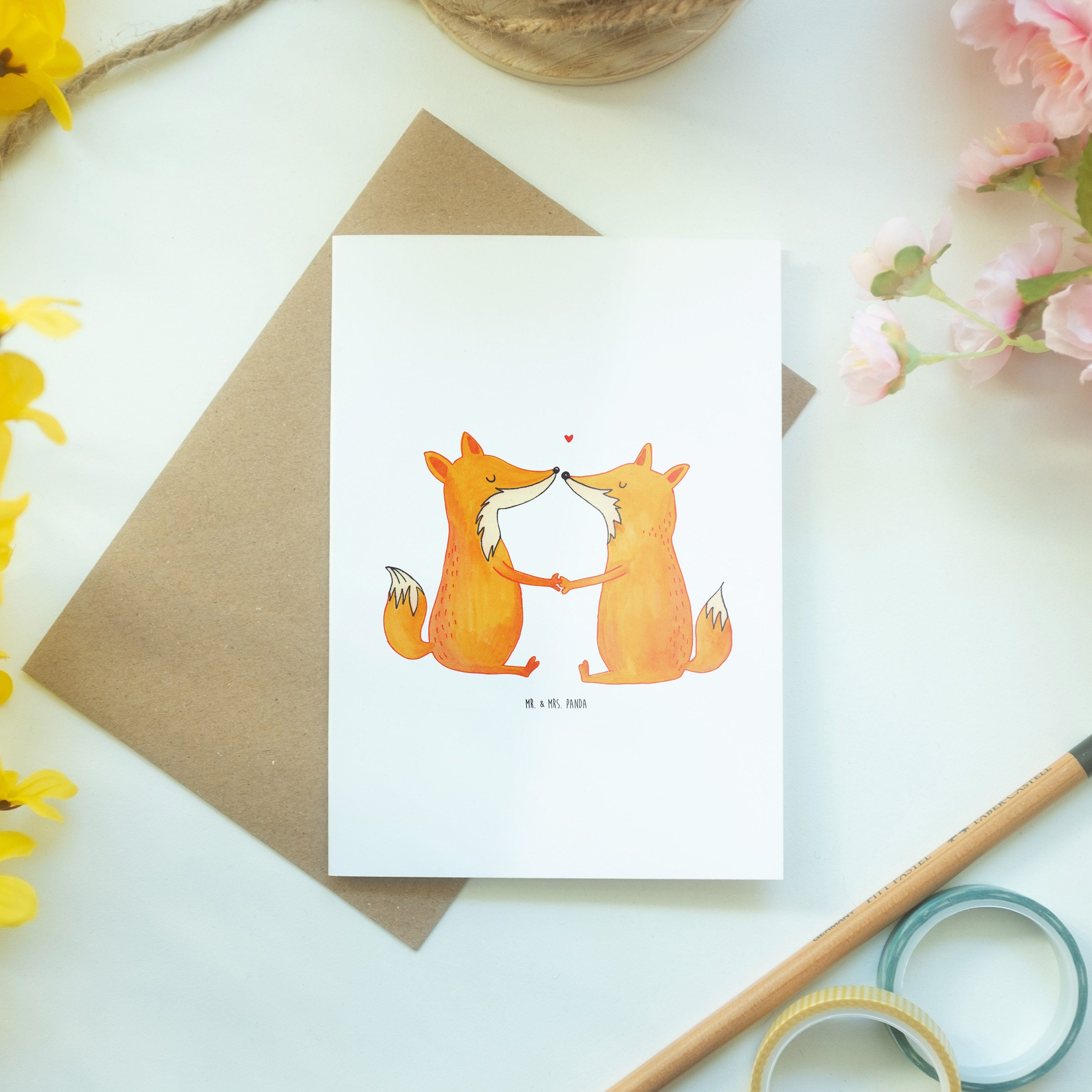 Grußkarte & Mrs. Mr. Liebe - Füchse Geschenk, Weiß P - Panda Geburtstagskarte, Glückwunschkarte,