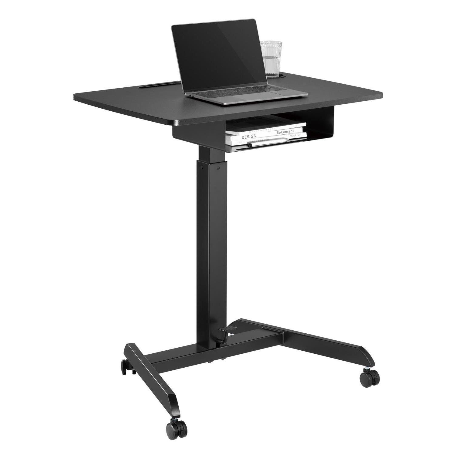 Maclean Schreibtisch MC-903B Sitz-Steh Arbeitsplatz mobiler Laptop Tisch mit Rollen, Schublade & Fußpedal, bis 8 kg, für Home Office & Büro