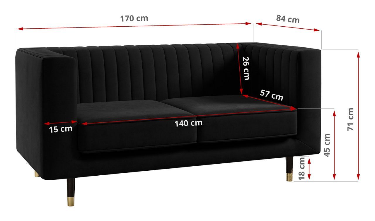 MKS MÖBEL Sofa ELMO 2, Metallbeinen Kronos Zweisitzer-Sofa, Ein Modern Stil, hohen freistehendes Schwarz