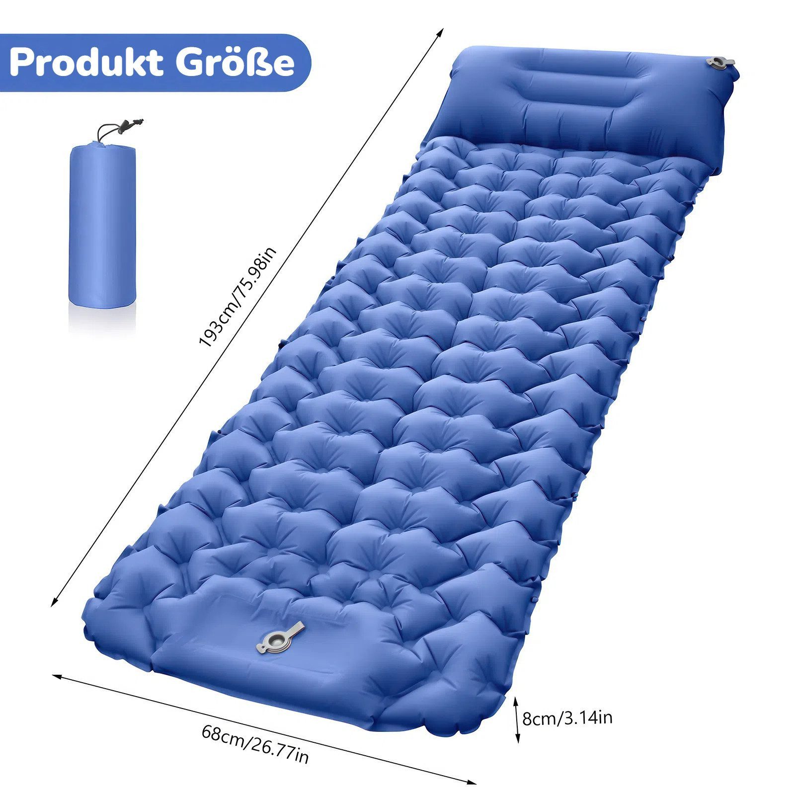 BlingBin Isomatte Camping Matratze Selbstaufblasend, Outdoor Campingmatte mit Fußpumpe, (Ultraleicht Faltbare Feldbett mit Kissen, Wasserdicht Feuchtigkeitsdichte Schlafmatte, 1-tlg., 193x68x8cm, Isomatte aus 40D Nylon & TPU-Beschichtung), Rreißfeste Aufblasbare Luftmatratze für Wandern, Reisen, Blau