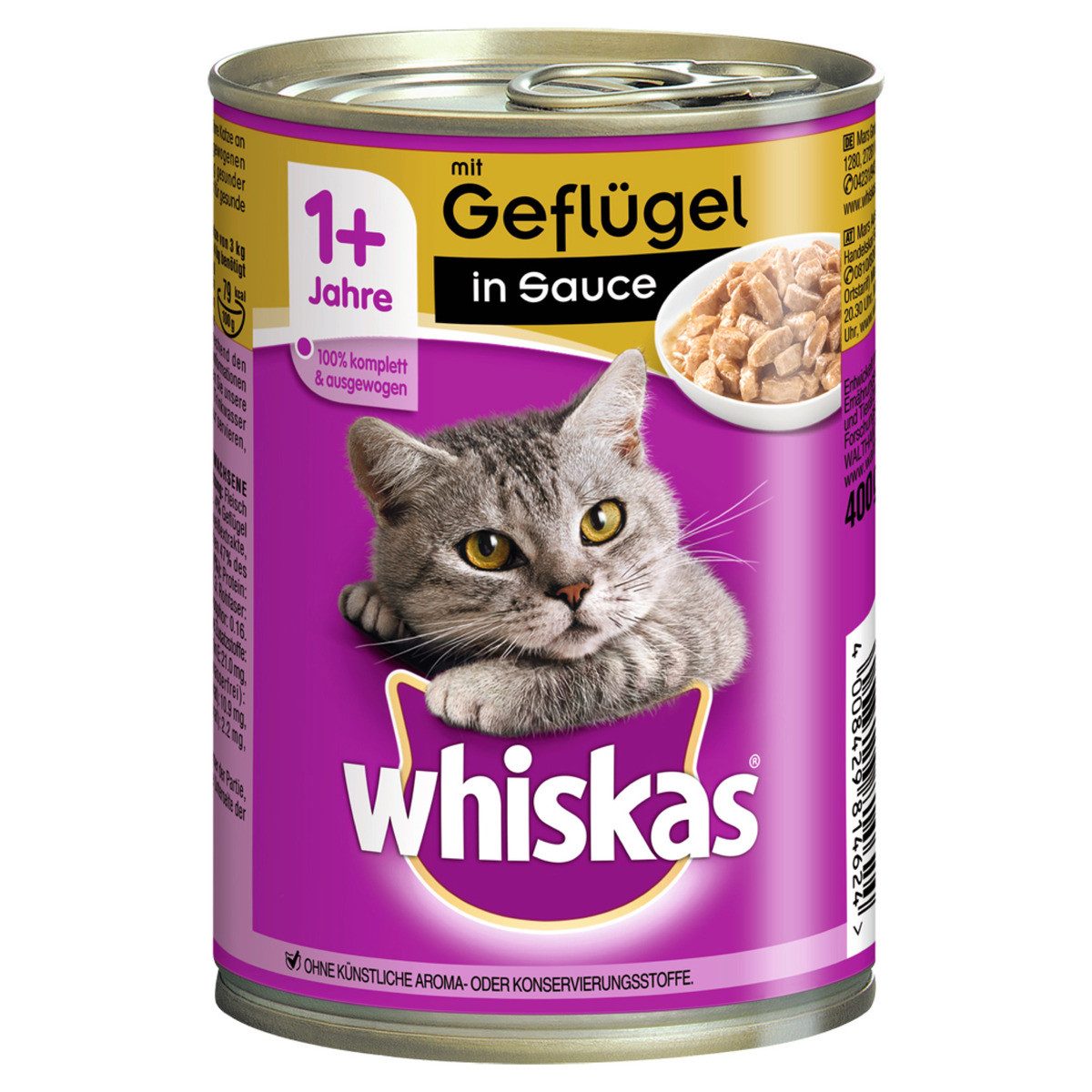Whiskas 1+ mit Geflügel in Sauce 400 g - 12 Stück, Nassfutter für: Katze