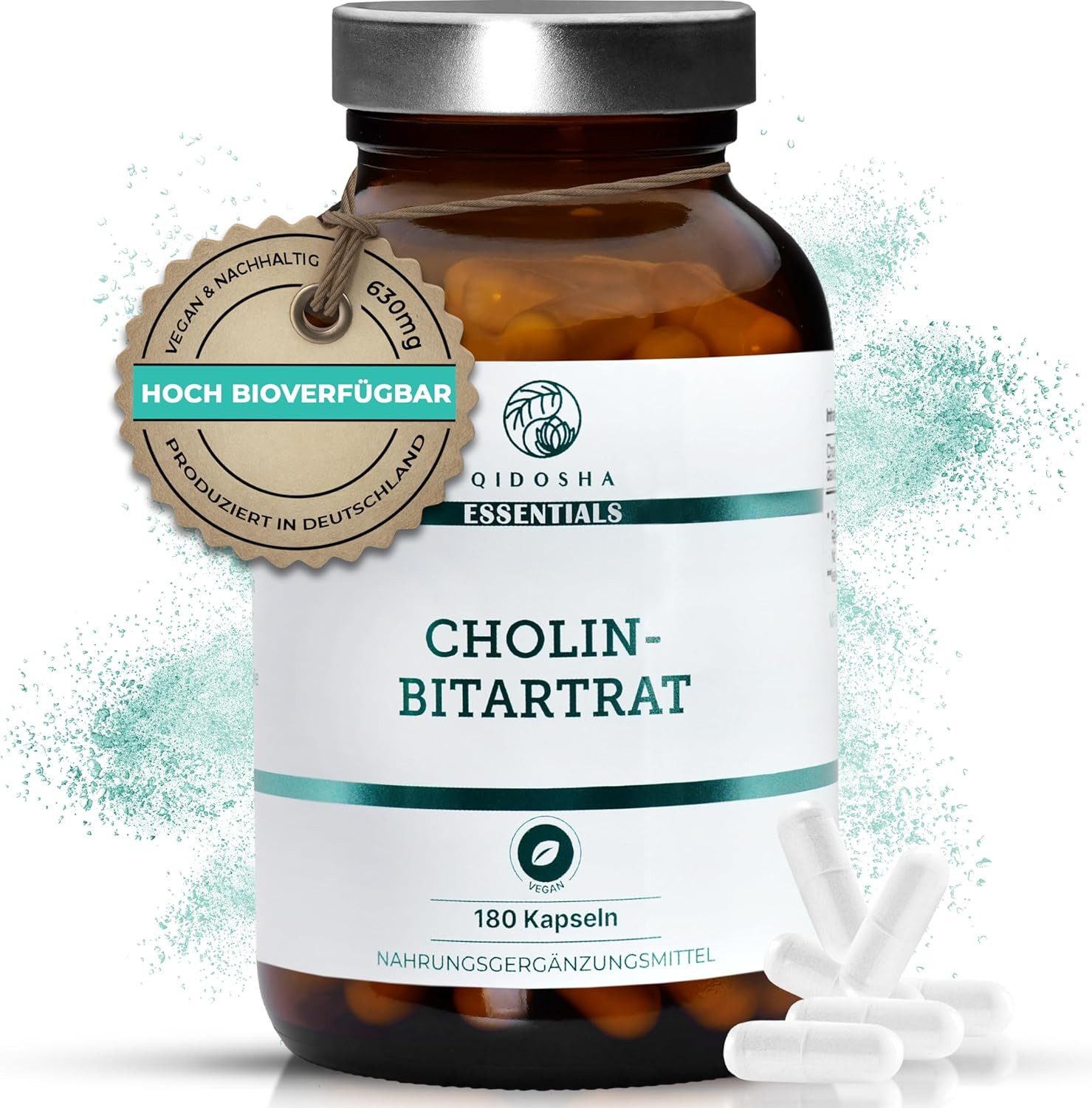 QIDOSHA Cholin als Cholin-Bitartrat Kapseln, im Apothekerglas, volle 630mg Cholin-Bitartrat je Kapsel, vegan, laborgeprueft, deutsche Fertigung à 180 St., 135 g, vegan, laborgeprüft, deutsche Fertigung