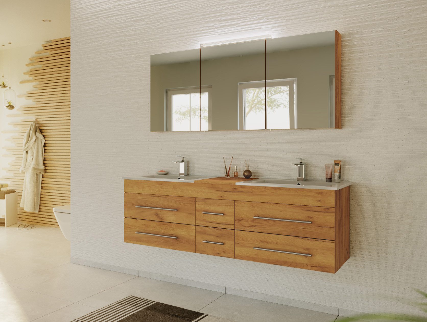 Magnolia Home Waschtisch Badmöbelset Roma XL 2-teilig mit Spiegelschrank eiche gold
