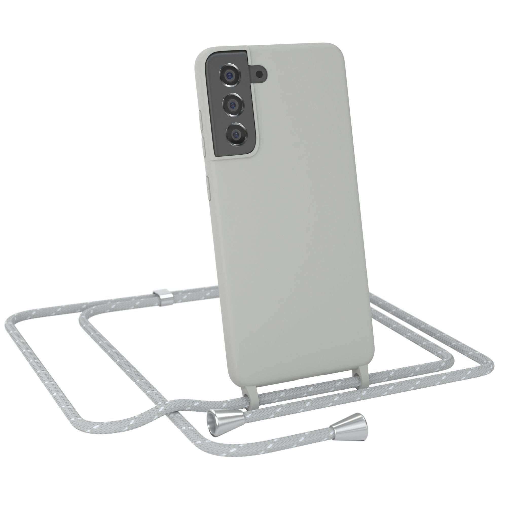 EAZY CASE Handykette Runde Silikon Kette für Samsung Galaxy S21 FE 5G 6,41 Zoll, Silicon Handyhülle mit runder Kette passend Necklace in Hellgrau weiß